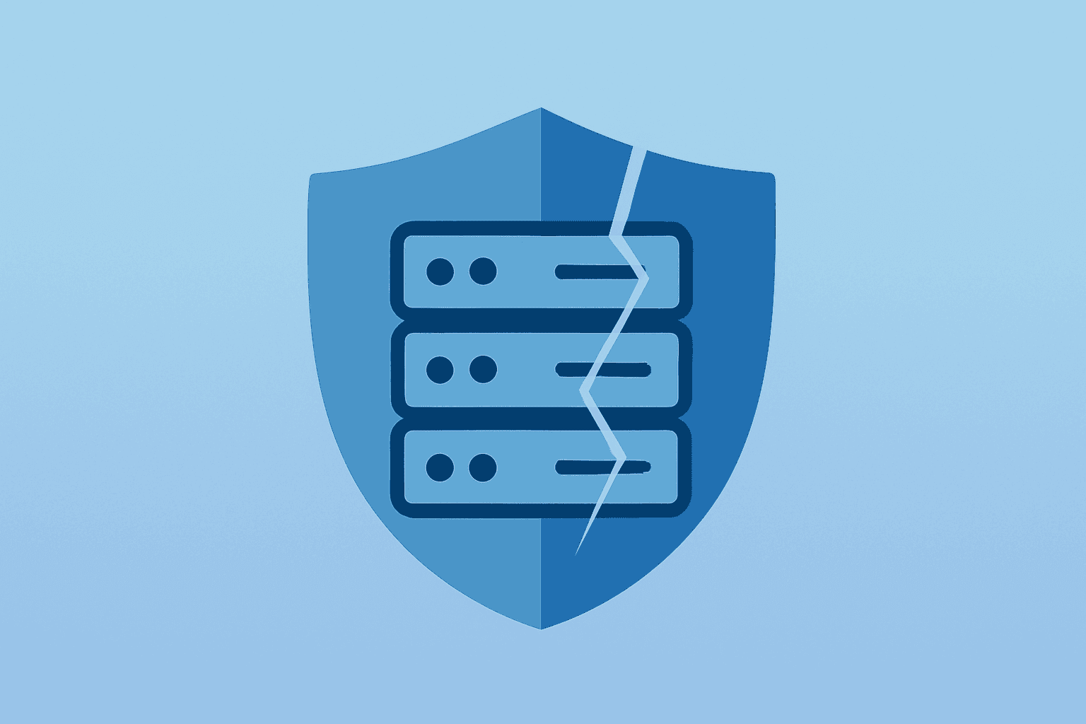 Centered flat vector of a server shield with a thin fracture and shadow lift to convey Anthropic Mythos cyber risk to banks.