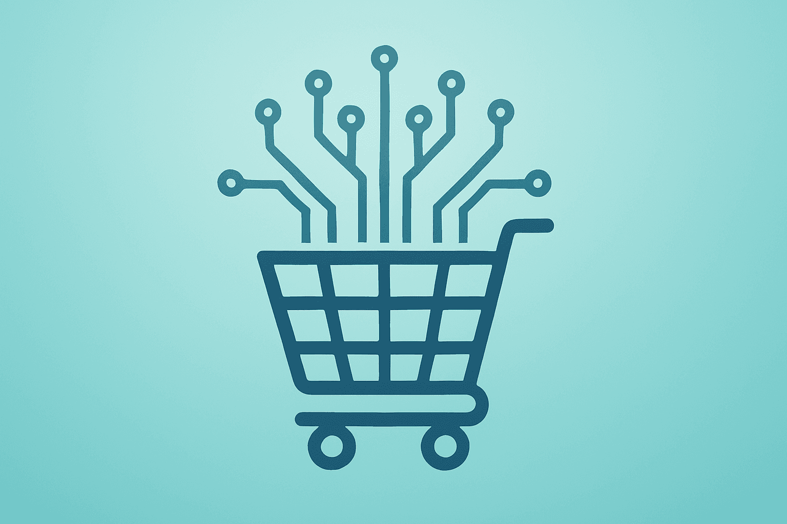 Retail shopping cart with expanding circuits symbolizing Walmart Nasdaq-100 inclusion and index-driven fund flows.