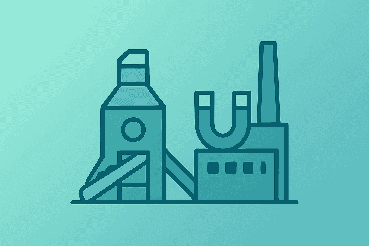 Flat vector of an ore mill fused with a magnet plant, symbolizing USA Rare Earth acquisition and supply chain shift.