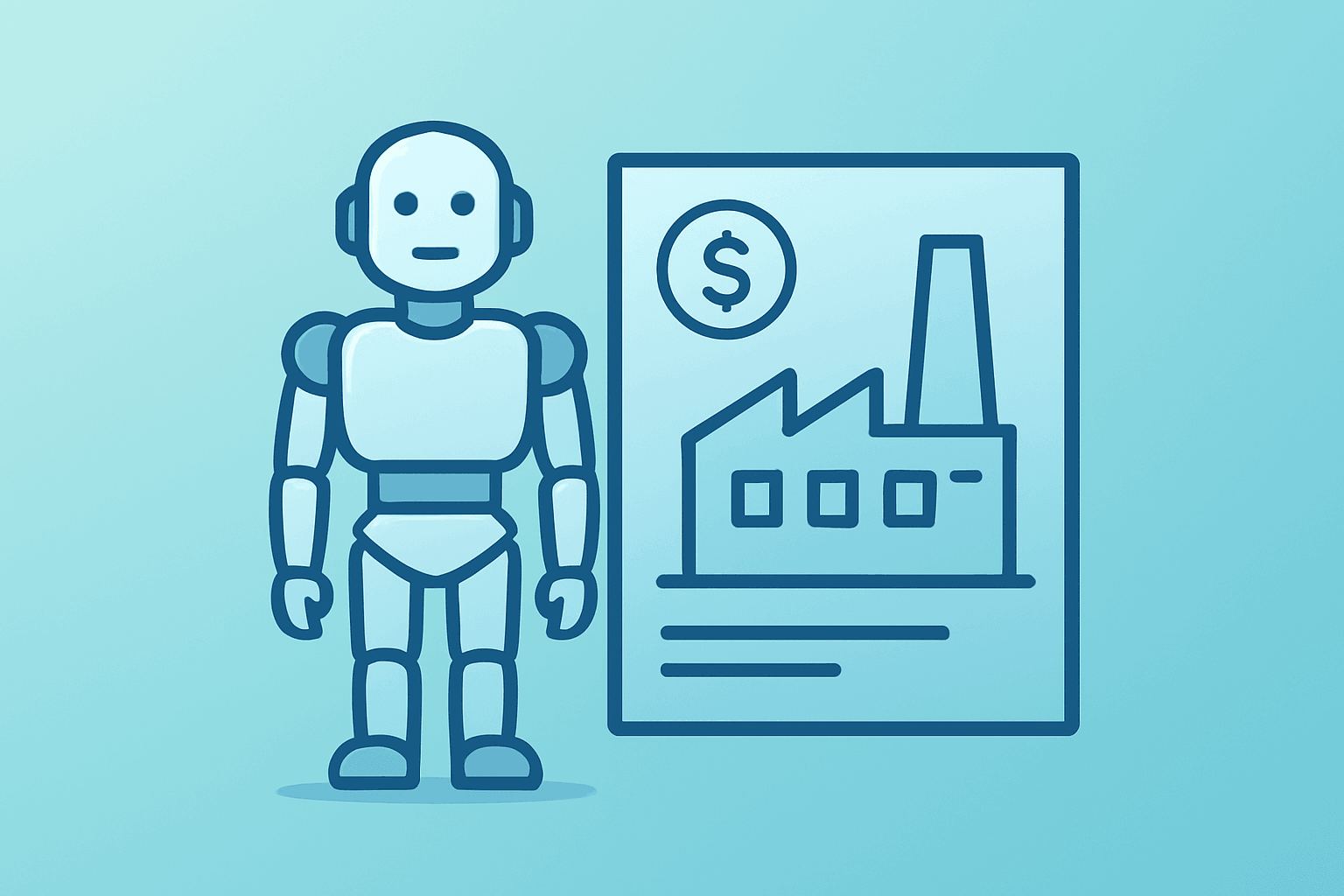Flat vector of an Iron humanoid and factory blueprint representing XPENG robotics financing for scaled production.