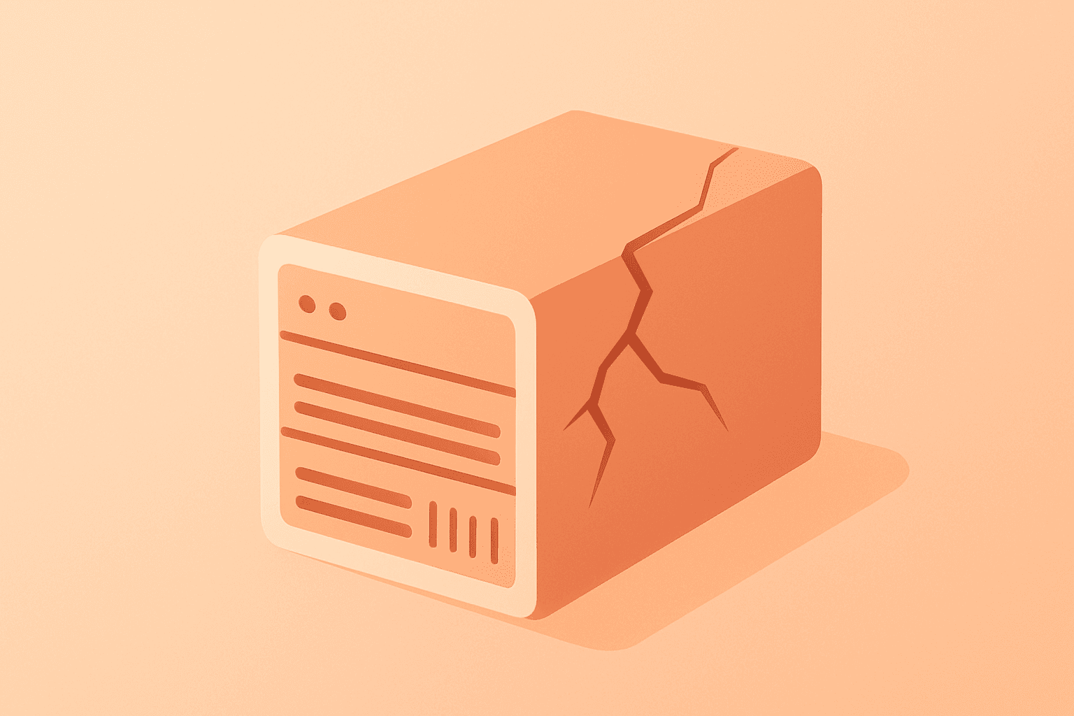 Flat centered vector of a server with a cracked casing symbolizing legal risk from the Super Micro lawsuit.