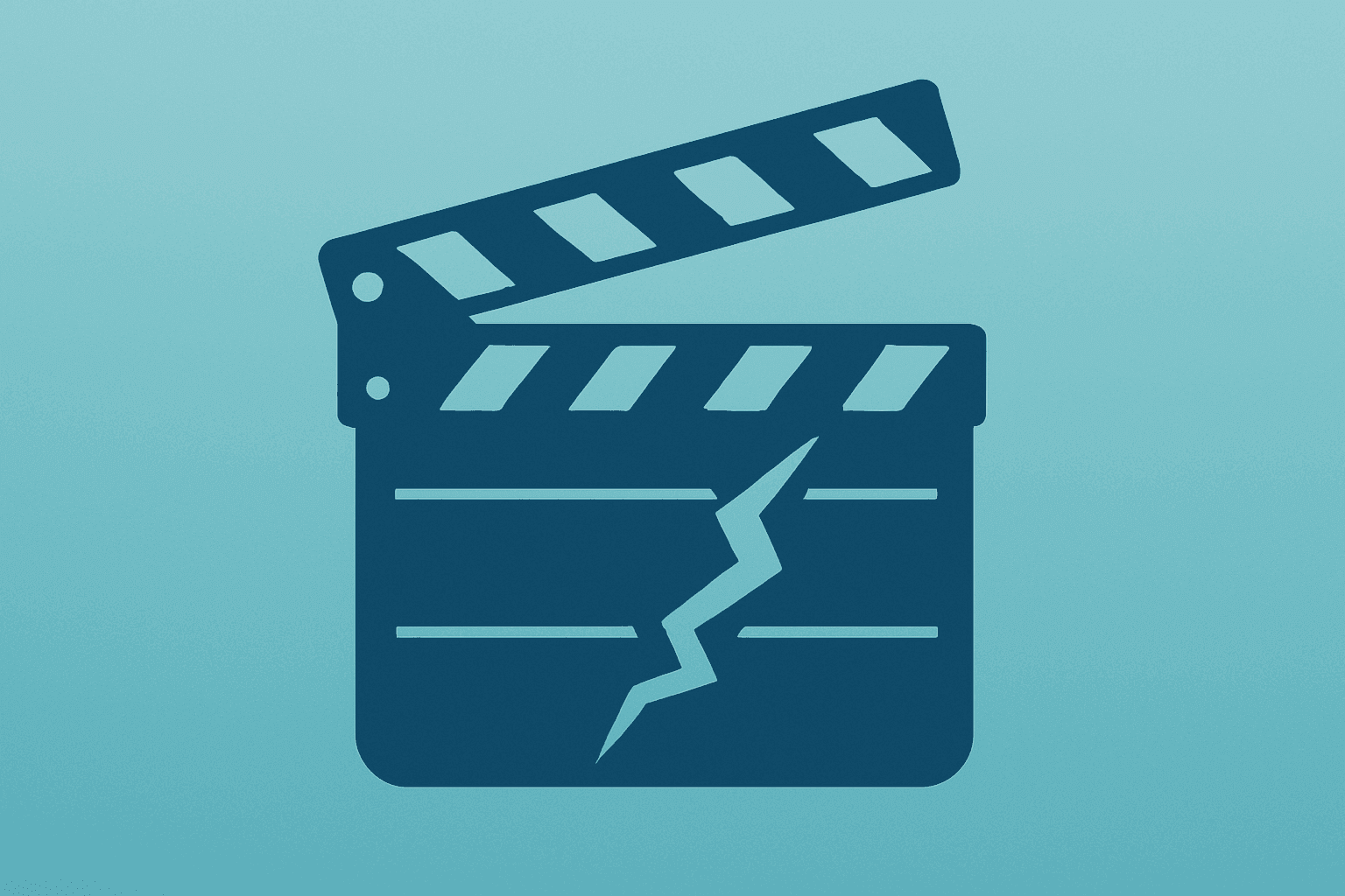 Flat vector studio clapboard with a fractured slate symbolizing Disney layoffs, cost reductions, and workforce reshaping.
