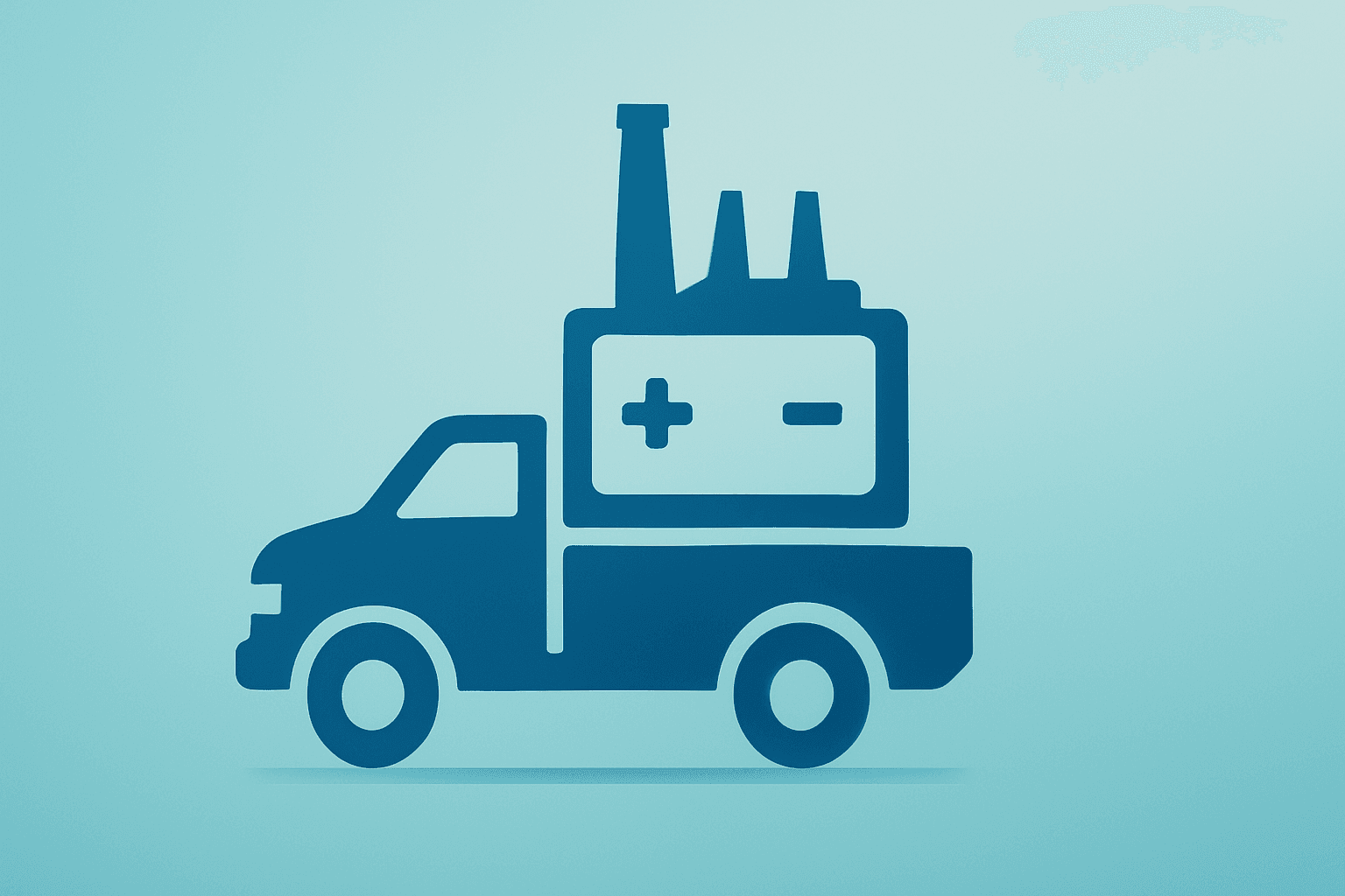 Flat vector car battery and factory merged to symbolize Ford $19.5 billion charge and strategic pivot.