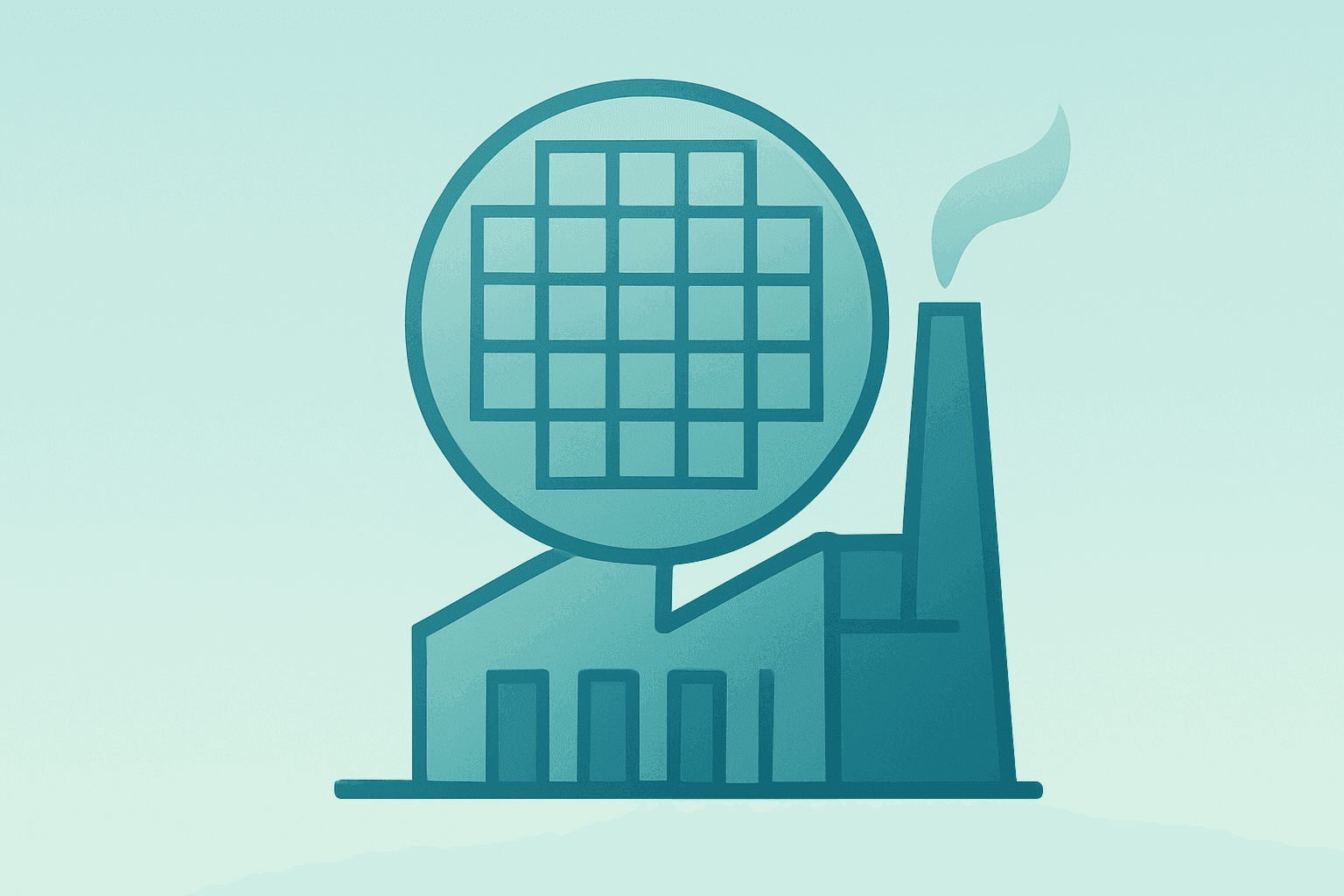 Flat-vector cover of silicon wafer steadied by a factory to represent Intel Terafab confirmation and eased investor concern.