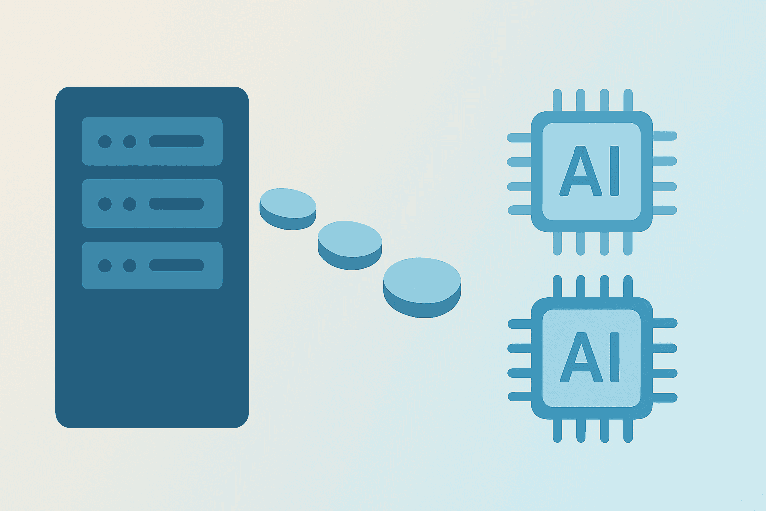 Flat filled vector of a server cluster merging into an AI chip, representing Oracle layoffs and cloud AI shift.