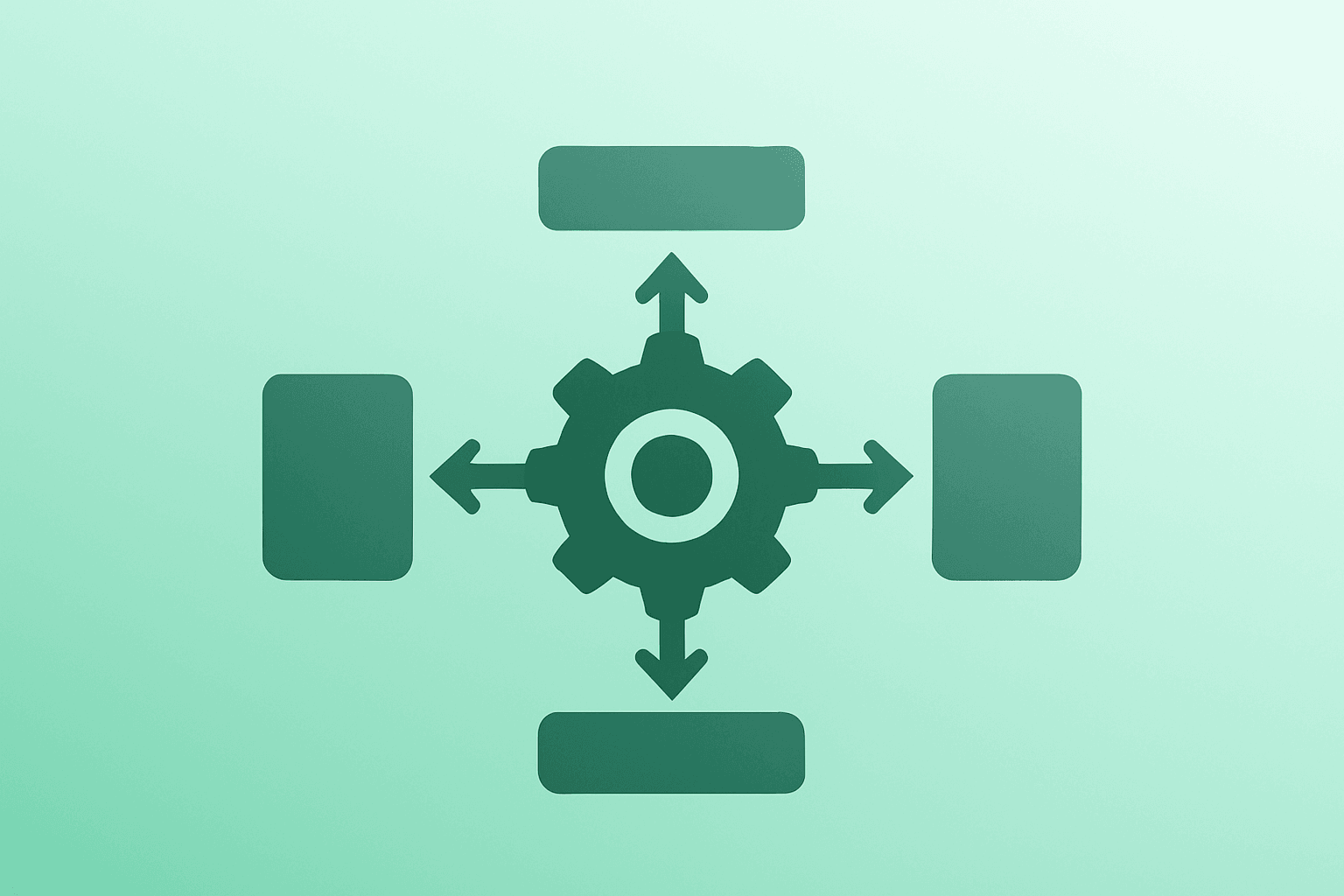 Centered flat-vector workflow engine expanding cross-system execution representing Asana Q1 results and StackAI integration.