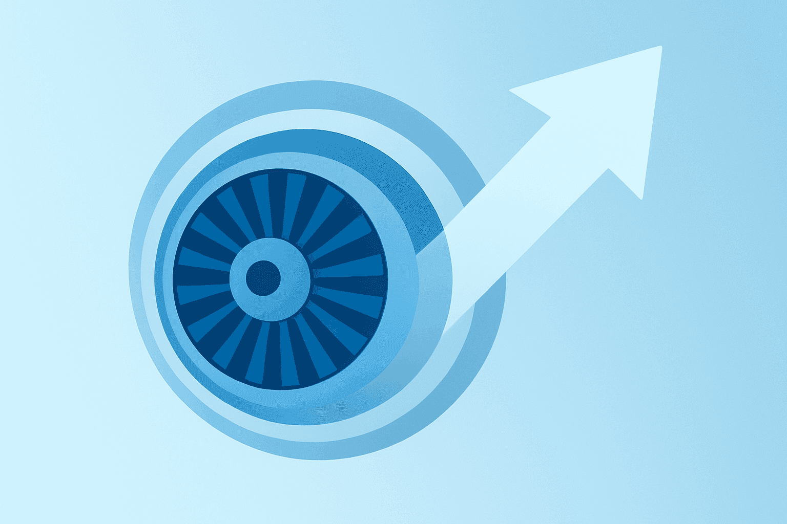 Flat vector cover showing a turbine engine symbol expanding to represent RTX earnings guidance lift and record backlog.
