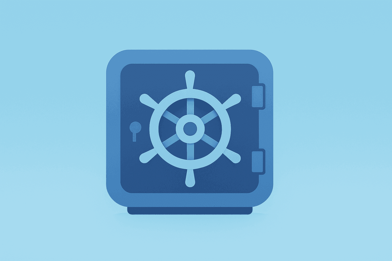 Flat vector of a bank vault fused with a ship's helm to symbolize Goldman Sachs CEO succession and governance transition.