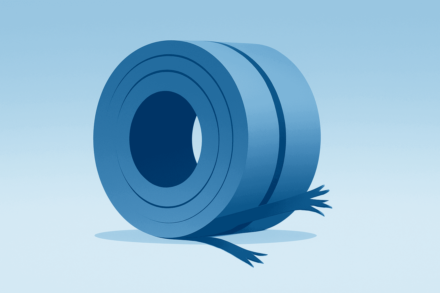 Flat filled vector of a steel coil with a fraying protective band to symbolize Trump steel tariffs review and metals sector selloffs.