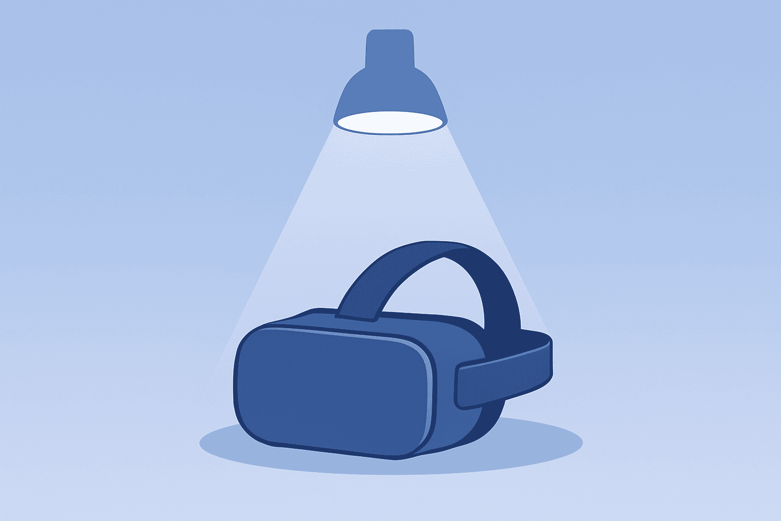 Flat vector of a VR headset dimming under a chip spotlight symbolizing Meta metaverse budget cuts and AI reallocation.