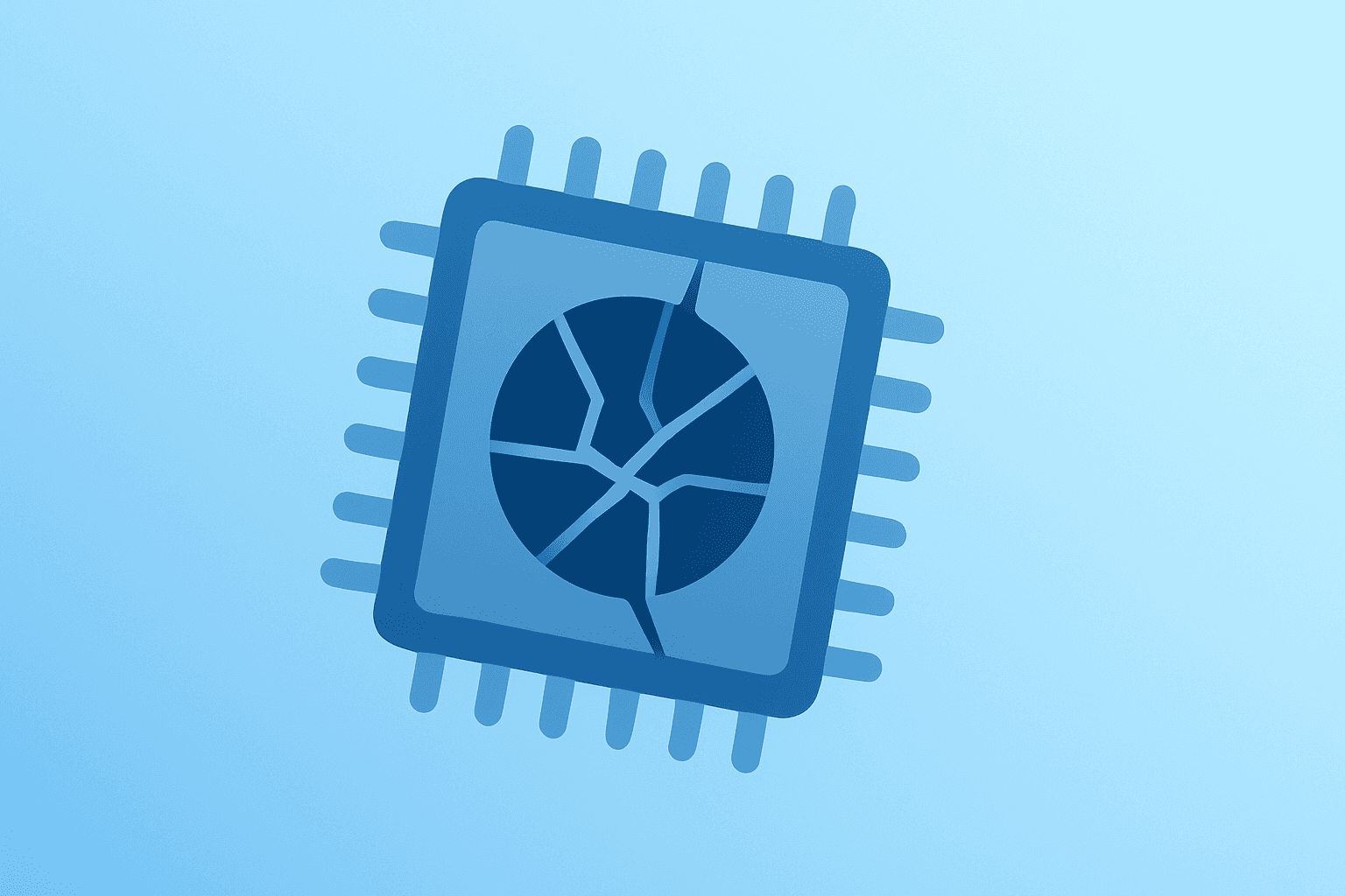 Flat vector fractured server chip symbolizing Nvidia AI chips under TPU and AMD pressure on a light graphite-frost gradient.