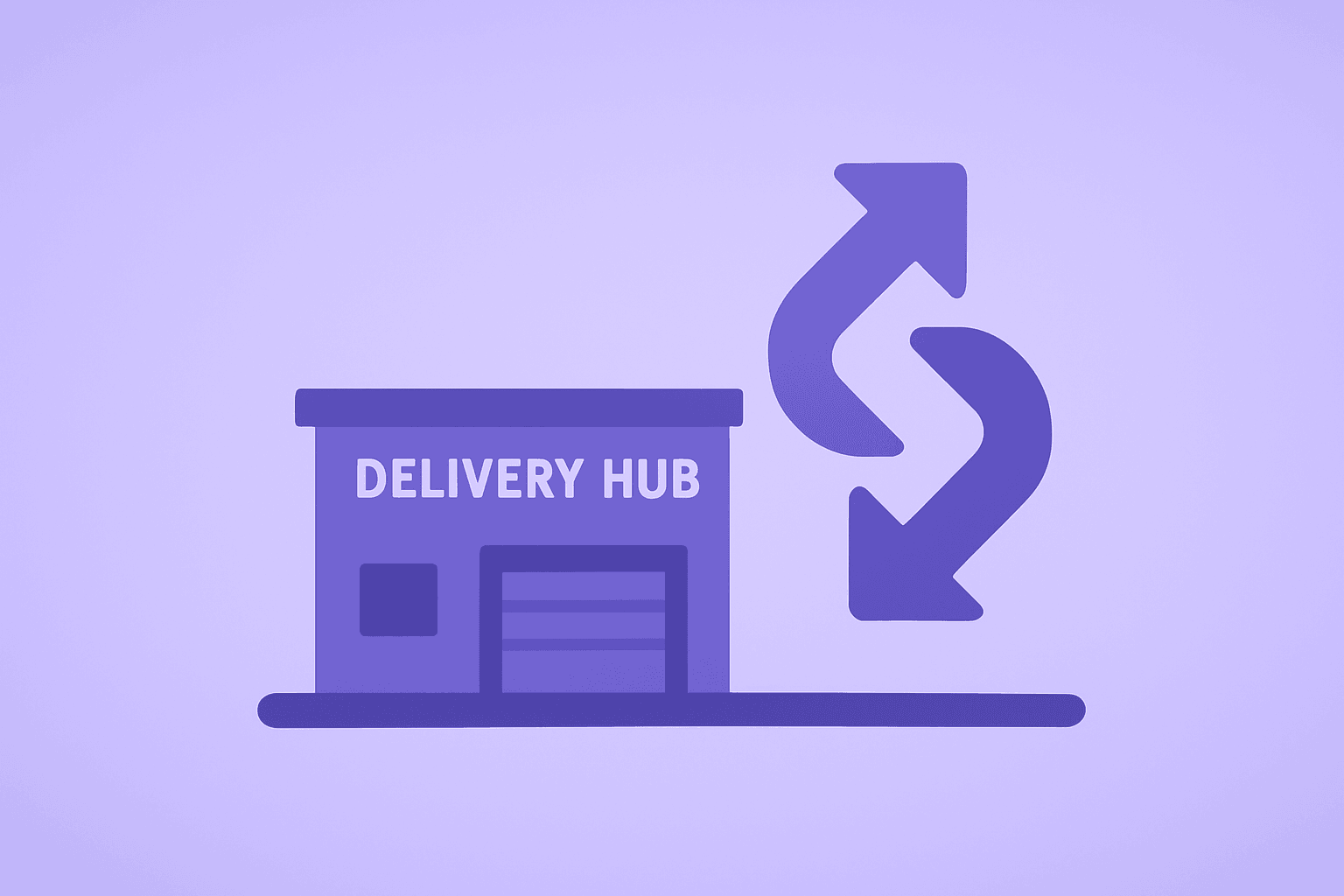 Flat vector of a delivery hub fusing with a courier satchel to suggest Uber Bid for Delivery Hero and takeover tension