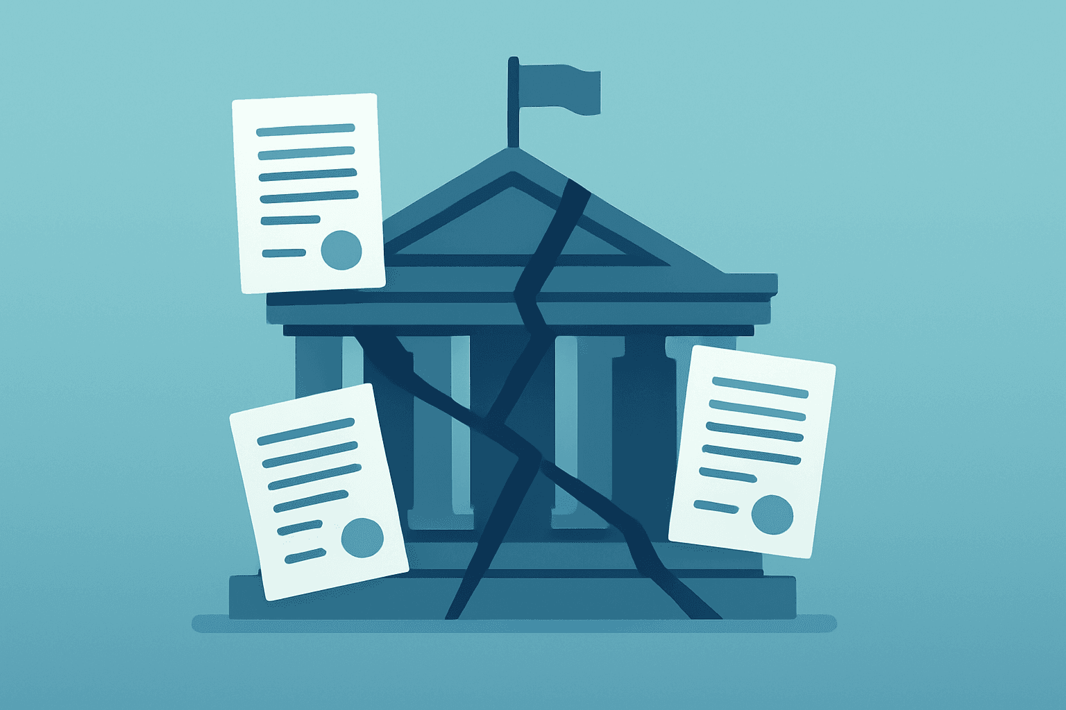 Flat vector of a fractured Fed building with legal papers, symbolizing Fed Independence under subpoena pressure.
