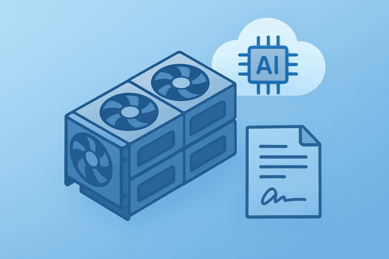 Flat filled vector of a stacked GPU server under load to symbolize the NVIDIA IREN partnership and growing AI Cloud backlog.