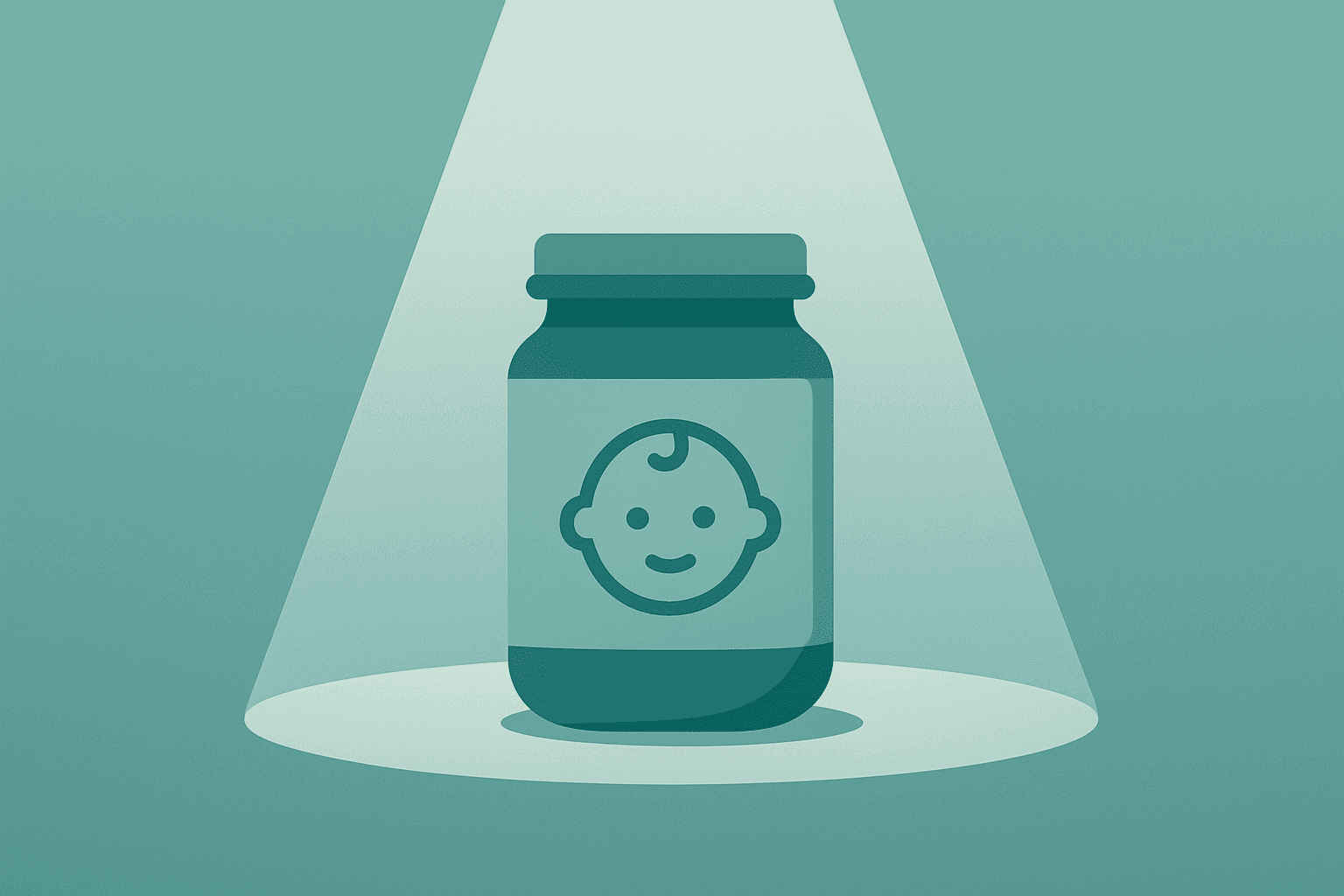 Flat vector of a baby-food jar stepping into a market spotlight symbolizing the Once Upon a Farm IPO valuation debut