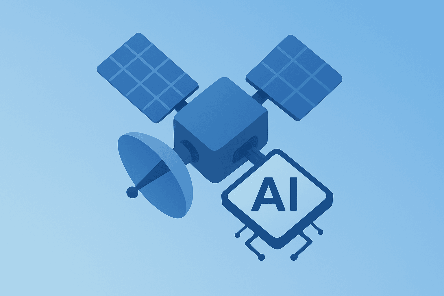 Flat vector satellite carrying an AI chip module representing Google Project Suncatcher prototype with subtle shadow lift