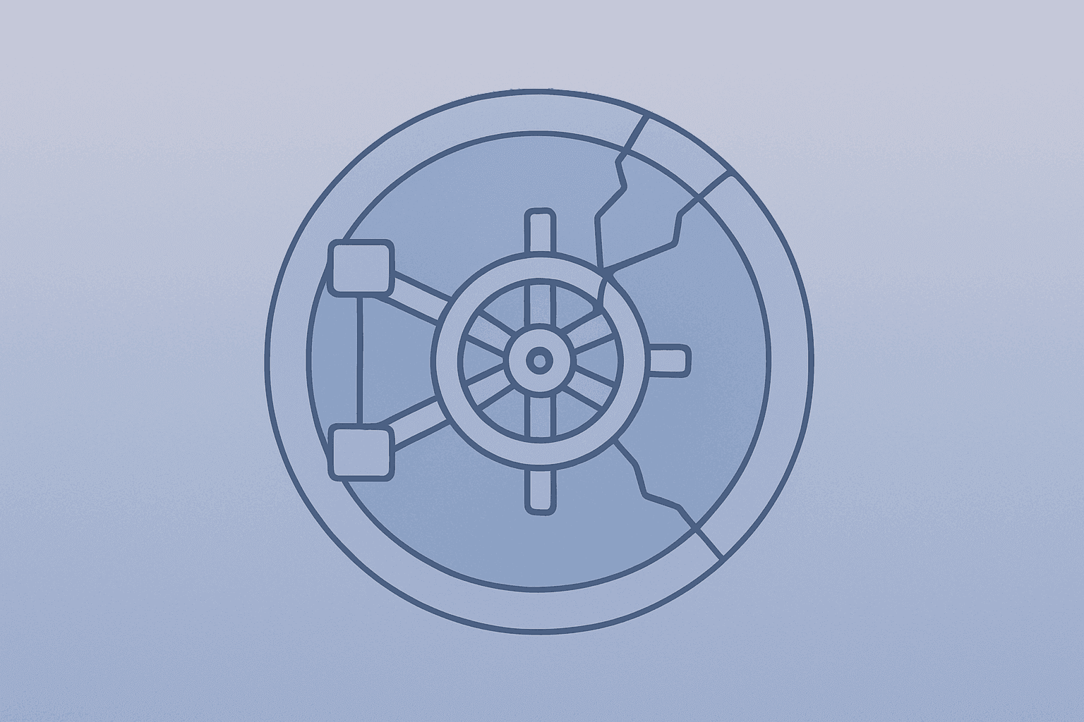 Flat vector of a bank vault with a fractured locking rim to symbolize Wise bank charter denial and stalled U.S. expansion.