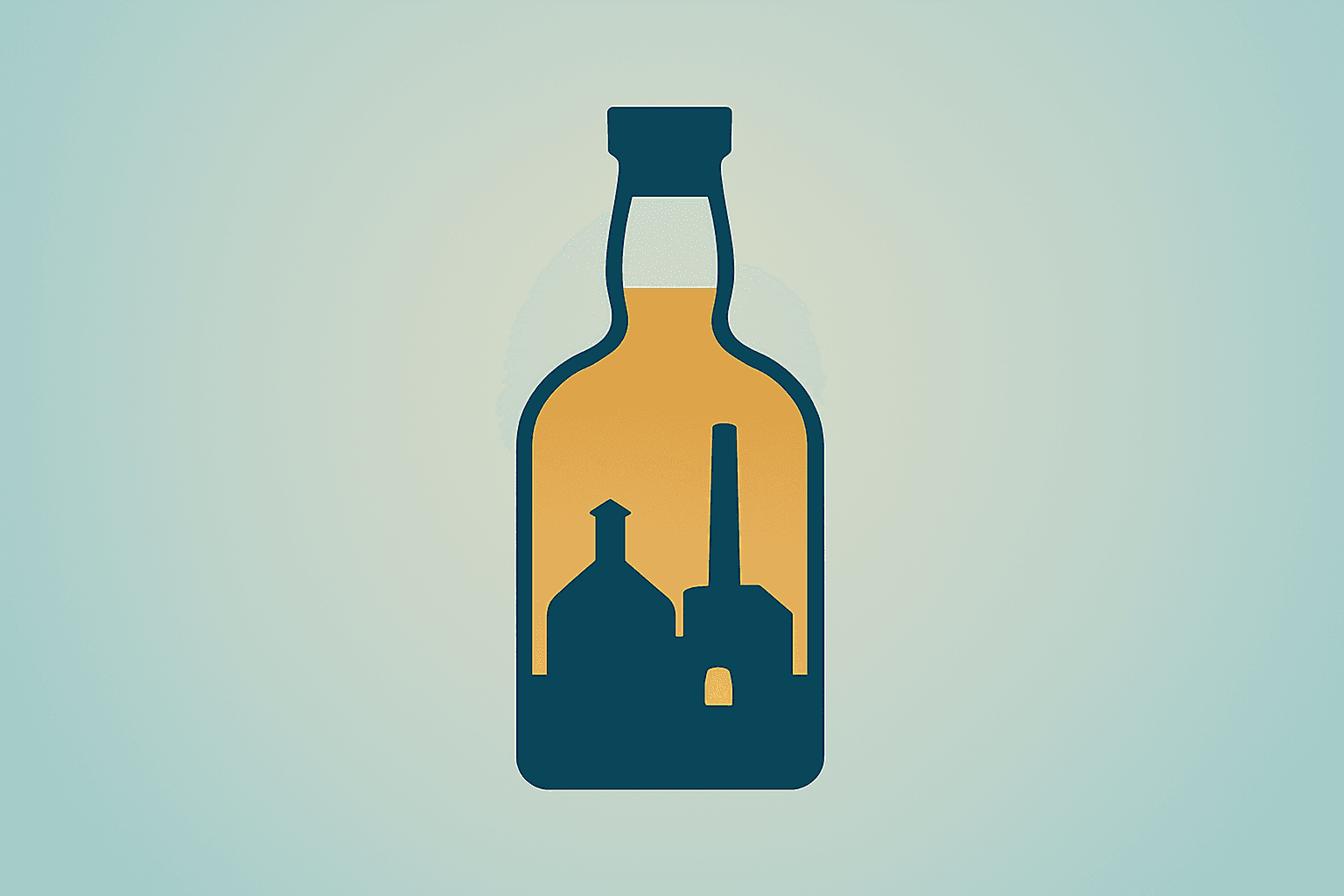Flat vector of a whiskey bottle merging into a distillery silhouette illustrating the Pernod Ricard Brown-Forman merger.