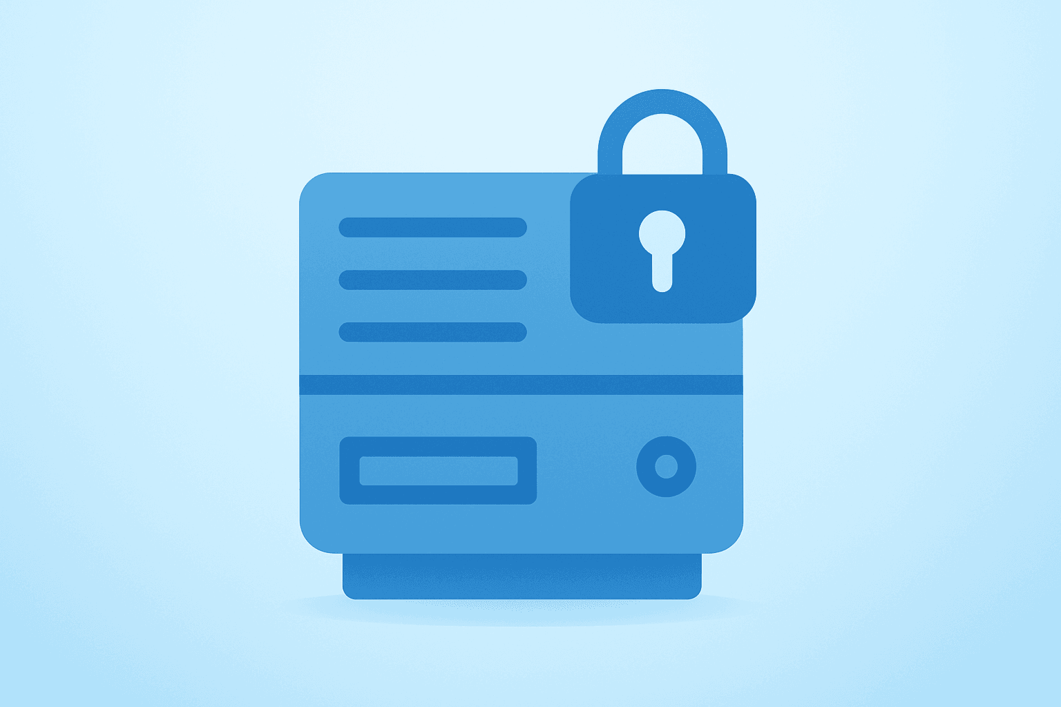 Flat filled vector of a search server capped by a compliance lock, symbolizing the Google EU fine and DMA pressure.