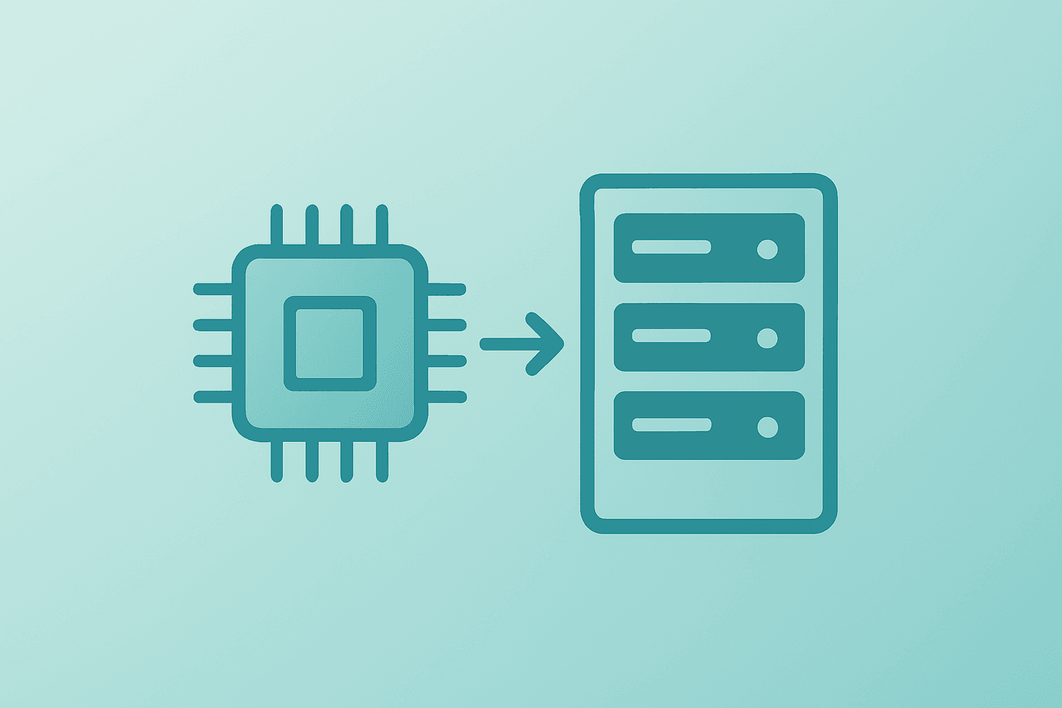 Centered flat vector of a server chip merging with a rack symbolizing OpenAI Amazon investment and Trainium ties.