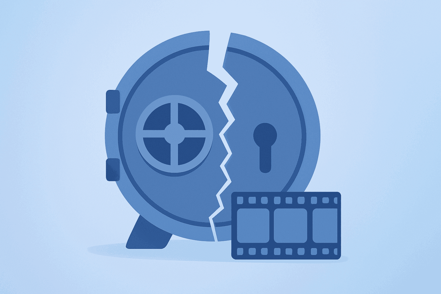 Flat vector film vault cracked to symbolize the Netflix termination fee that hit Warner Bros. Discovery Q1 earnings.