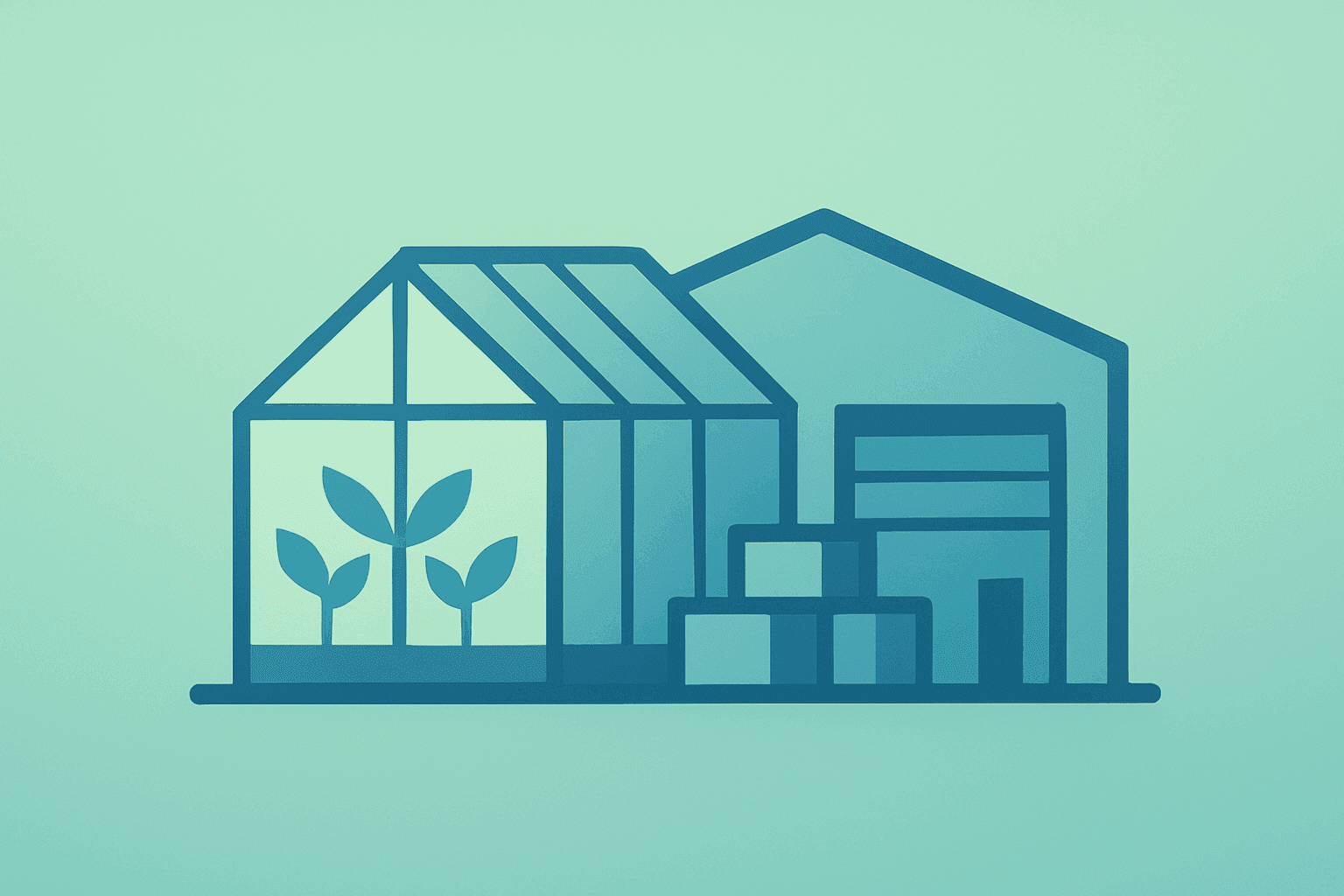 Flat filled vector of a cannabis greenhouse merging with a distribution hub to represent Curaleaf takeover bid for Aurora.