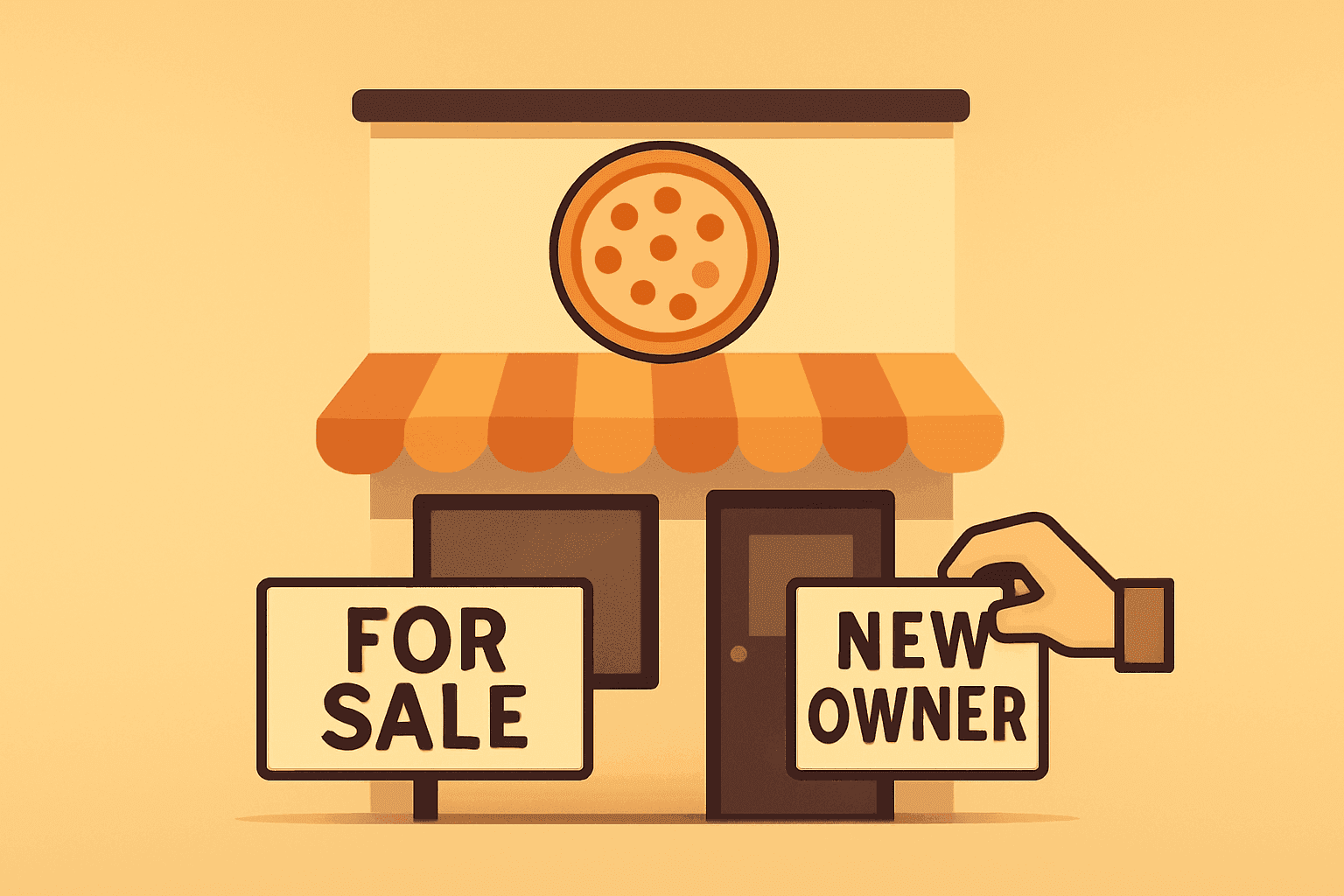Flat-vector pizza storefront symbolizing Yum! Brands sells Pizza Hut divestiture on an amber-sand gradient with subtle shadow.