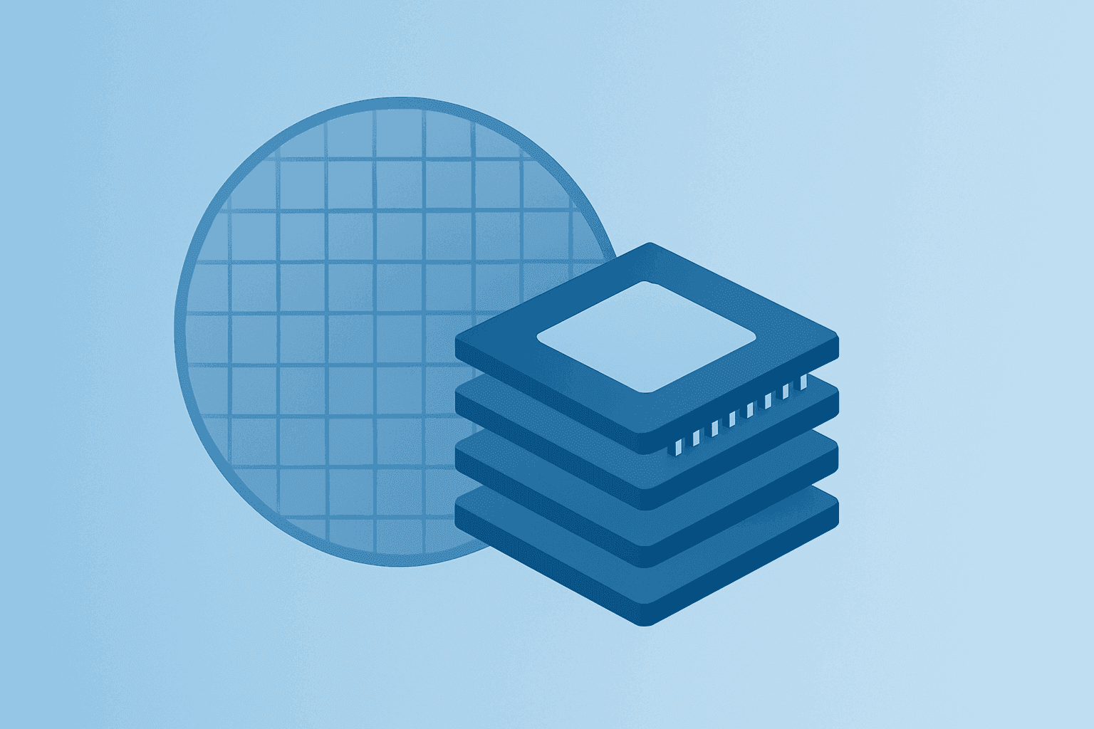 Flat vector of a semiconductor wafer fusing with a chip stack to symbolize CXMT expansion and Micron stock repricing risk