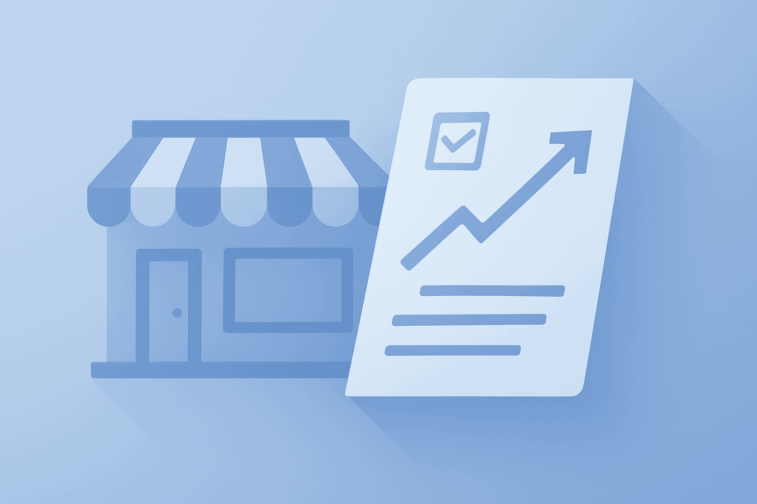Flat filled vector of a retail storefront beside a folded plan, showing GameStop Withdraws CEO Pay Award and eBay focus.