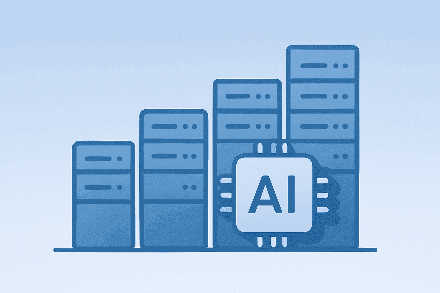 Flat vector of a growing server cluster symbolizing Dell earnings and a $95 billion AI server backlog on a light gradient.