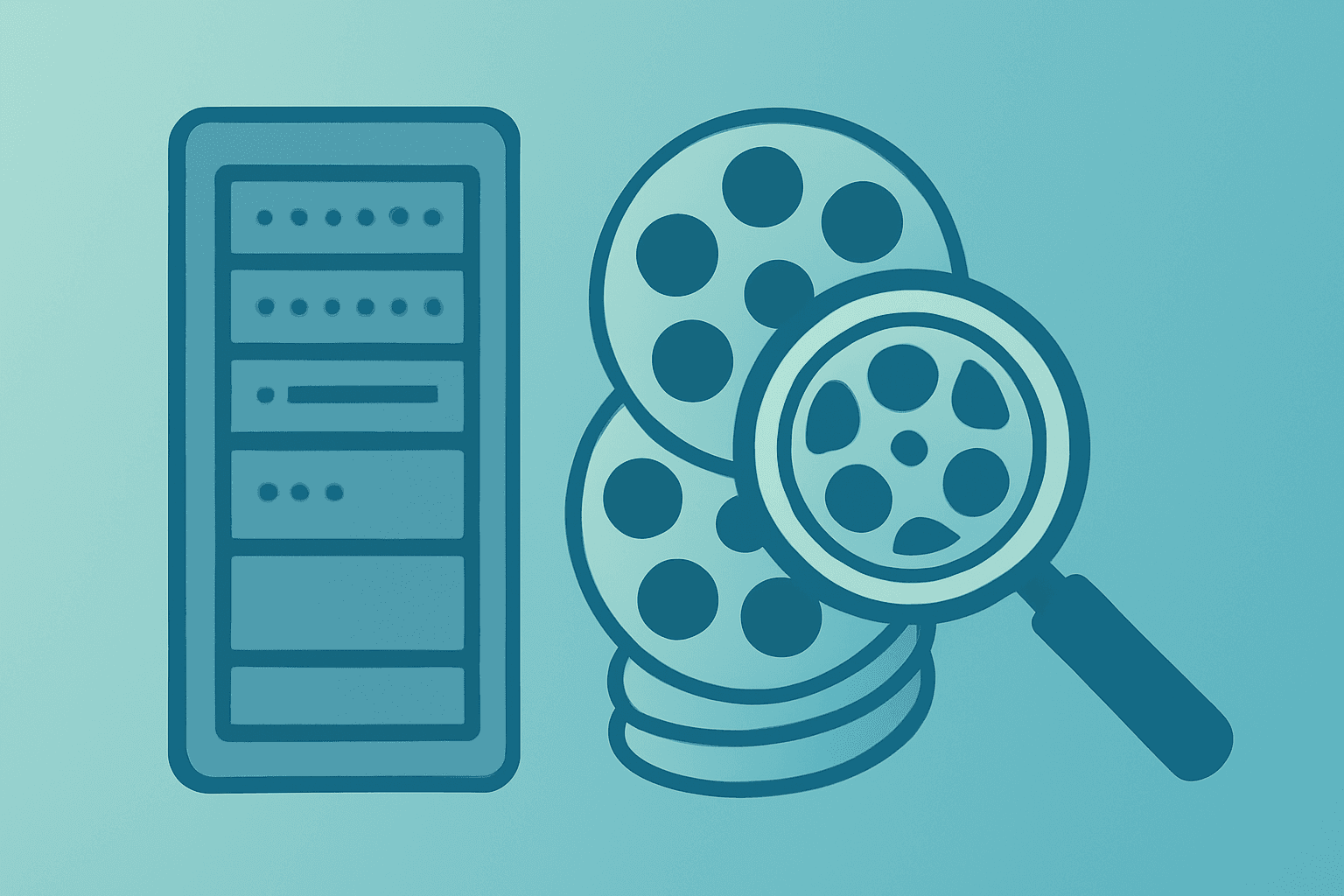 Flat filled vector of a server fused with layered content reels to represent the EU antitrust probe Google into AI data use.