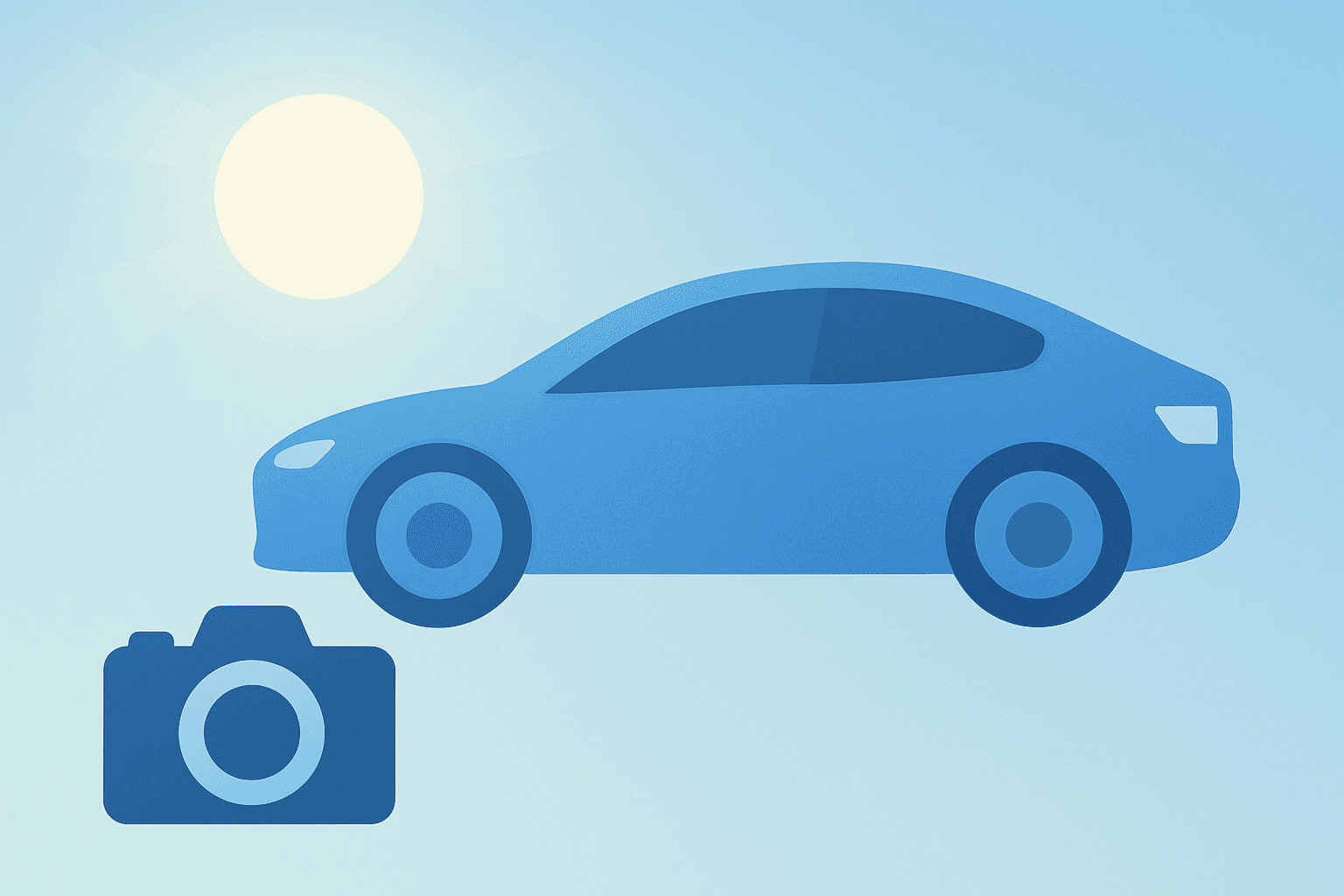 Flat vector of a car camera beneath sun glare, representing the Tesla FSD investigation into low-visibility safety.