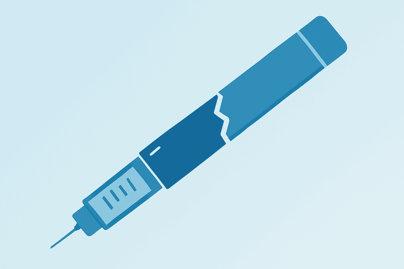 Flat vector illustration of a cracked injection pen symbolizing Novo Nordisk CagriSema results and uncertain outlook