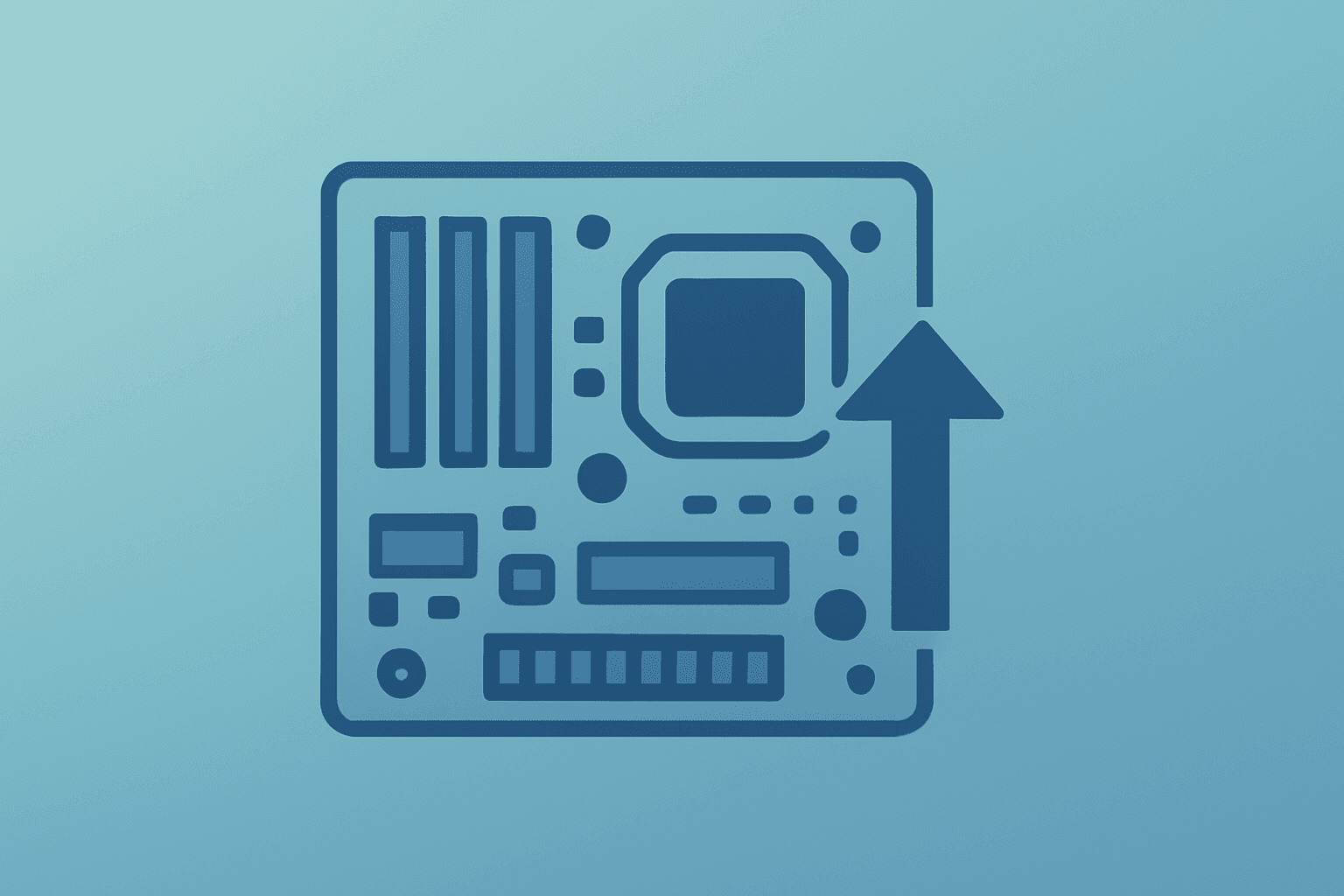 Centered flat-vector motherboard stabilizing after a tech surge, visualizing the Dow Hits 50,000 tech rebound milestone.