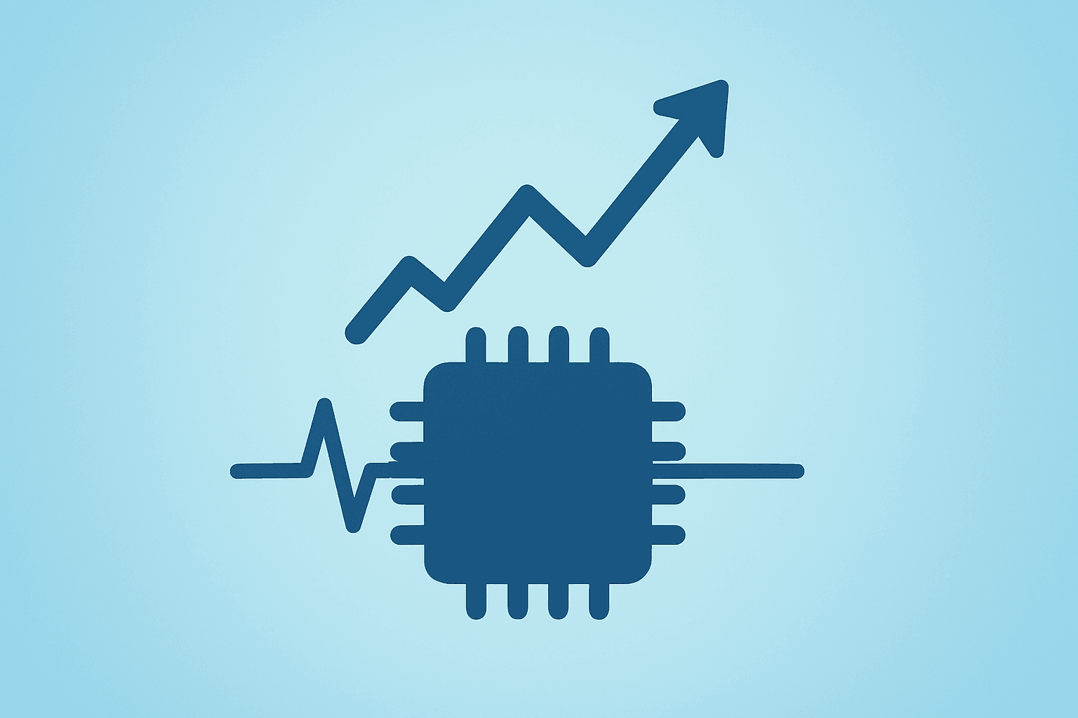Flat vector of a server chip merging with a stock pulse to symbolize S&P 500 record high from AI-linked earnings.