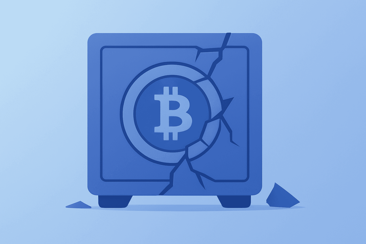 Flat-vector minimalist crypto vault fused with a fractured shell to symbolize the Bitcoin bear market and fund outflows.