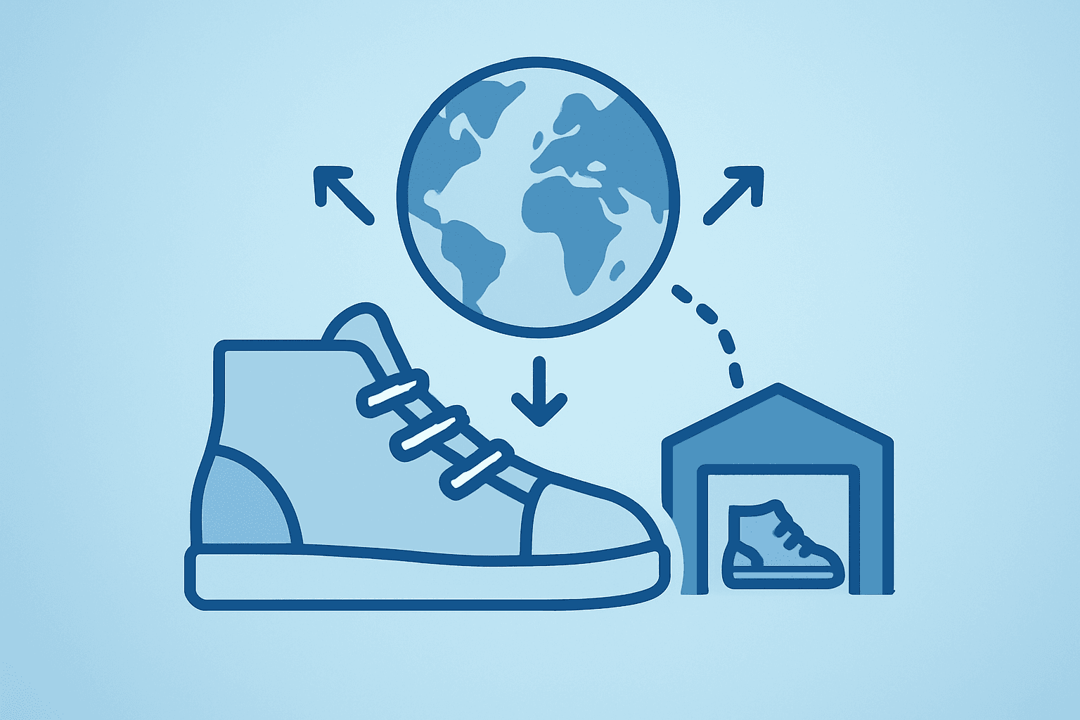 Flat vector of sneaker hub expanding outward to symbolize Anta buys Puma stake and multi-brand globalization