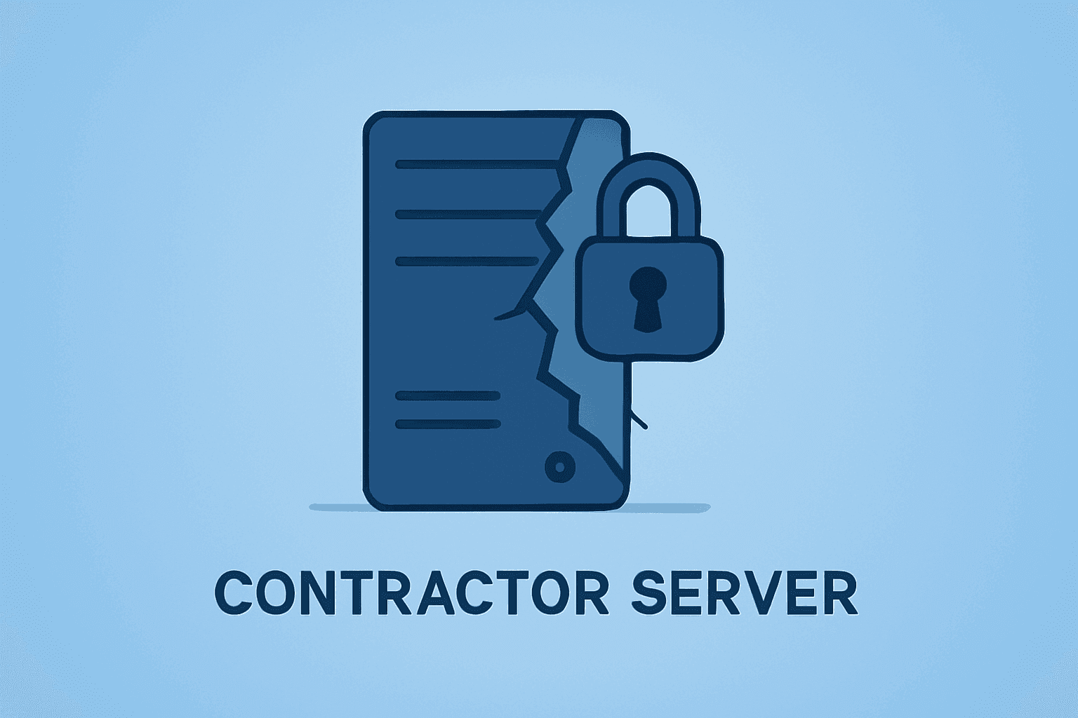 Flat vector of a contractor server with a breached shell symbolizing vendor-mediated Anthropic Mythos breach.