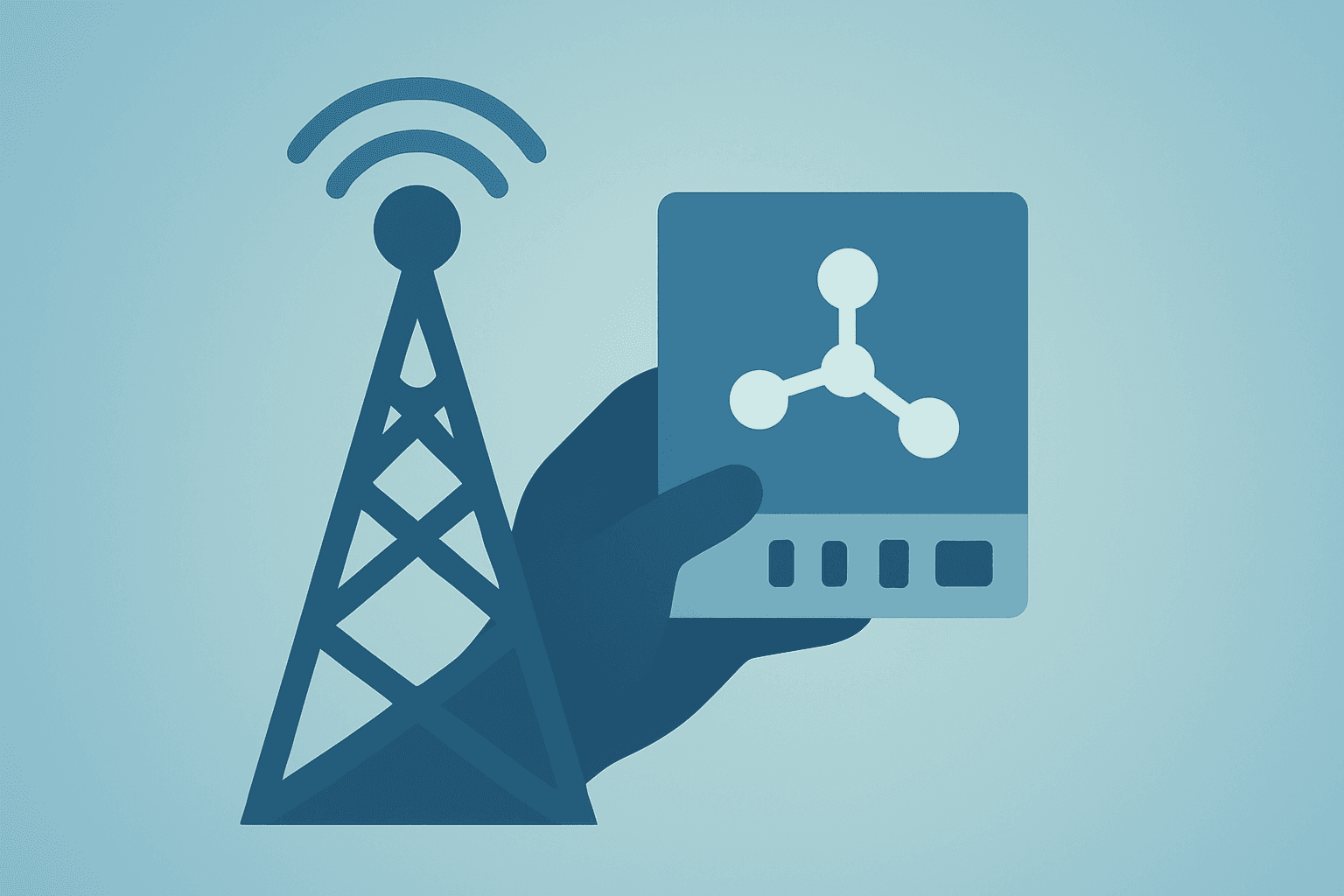 Flat vector of a broadcast tower joining a network module to symbolize Sinclair Buys Stake in Scripps and merger pressure.