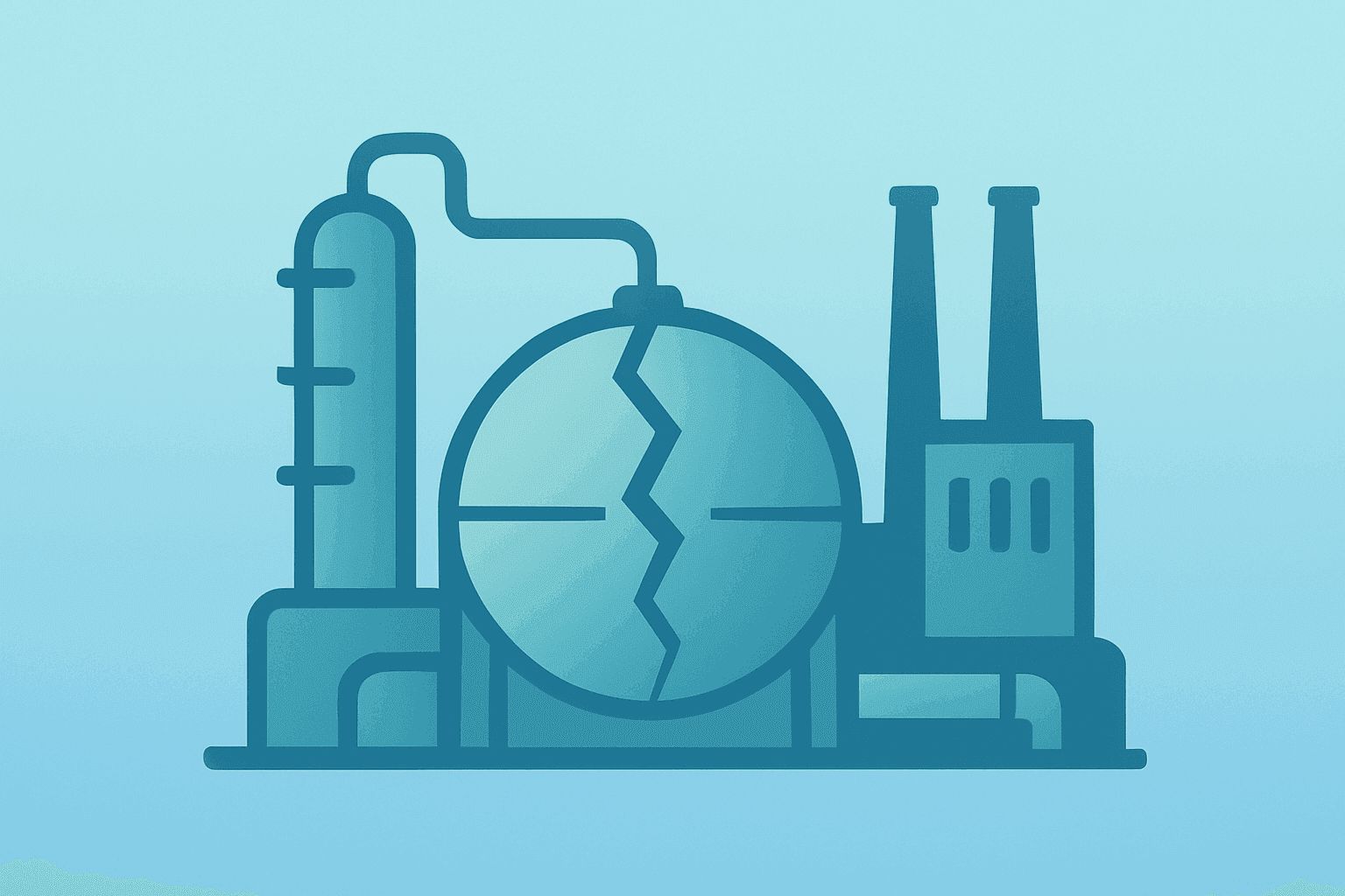 Gas-to-liquids plant with fractured tank symbolizing Shell Exxon Middle East production disruption and earnings split.