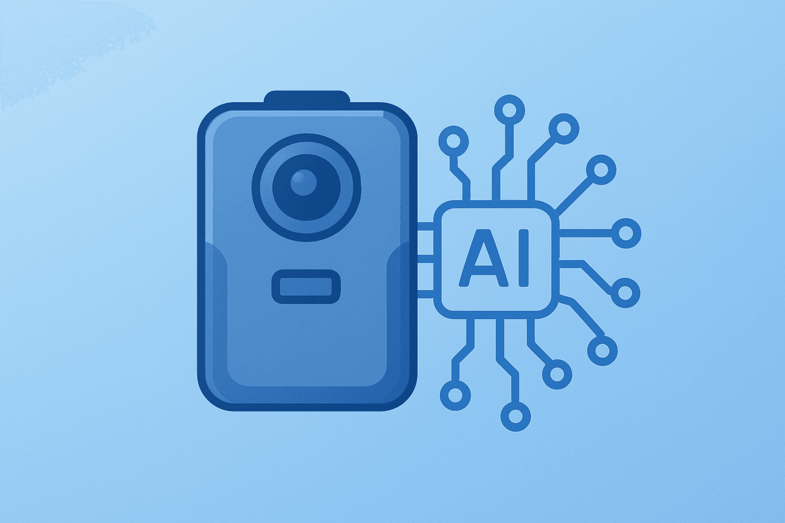 Flat vector of a body camera fused with an expanding circuit to symbolize Axon earnings and AI-driven software growth.