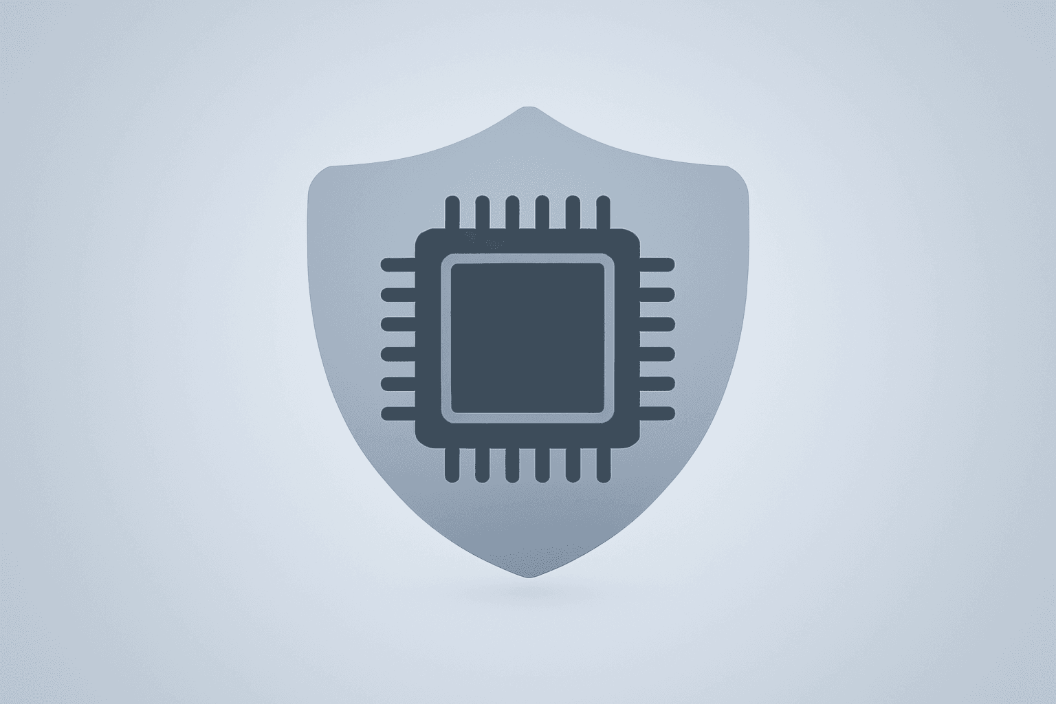 Centered flat vector of a chip fused with a sturdy shell to suggest hardware leadership continuity, Johny Srouji exit rumors.