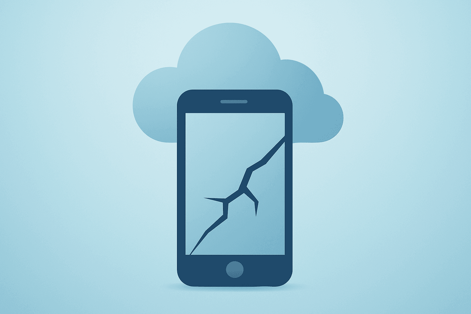 Flat filled vector of a cloud smartphone with cracked shell representing Apple iCloud CSAM lawsuit and privacy tradeoff