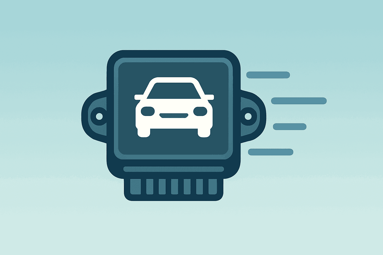 Flat filled vector of an automotive control module representing QNX momentum and BlackBerry earnings guidance lift.