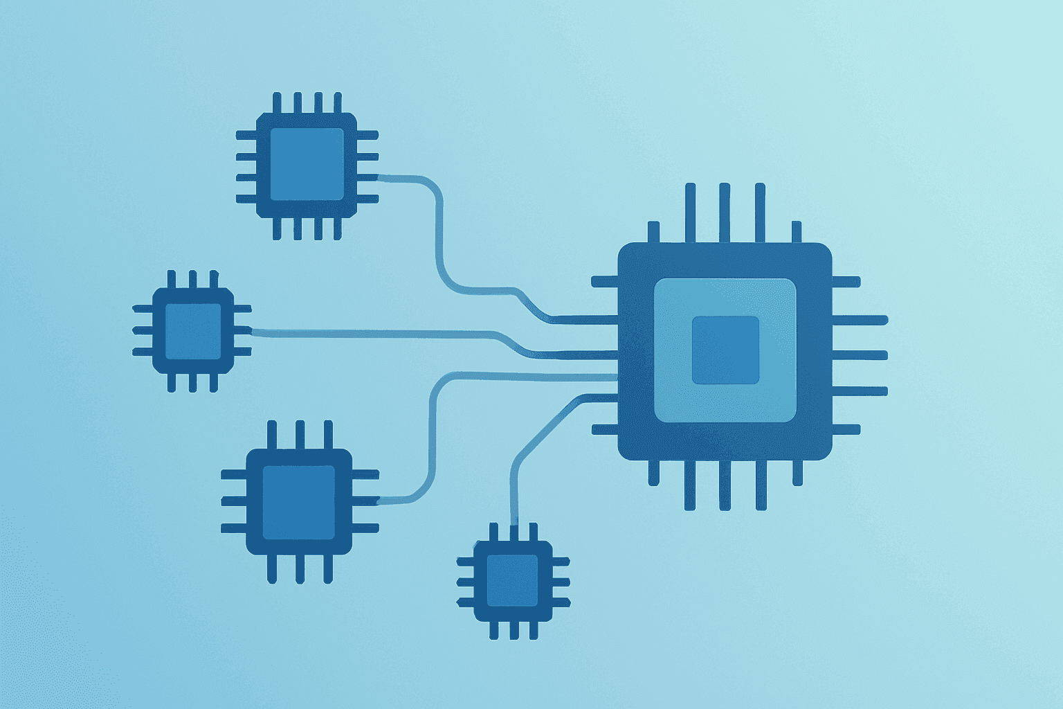 Flat vector of a processor cluster unfurling to signal Intel upgrade and rising AI infrastructure demand.