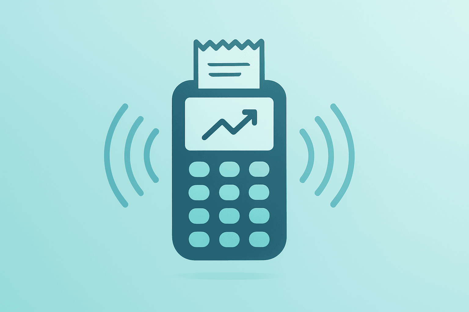 Flat vector of a point-of-sale terminal radiating efficiency pulses to symbolize Agilysys earnings and AI efficiencies.