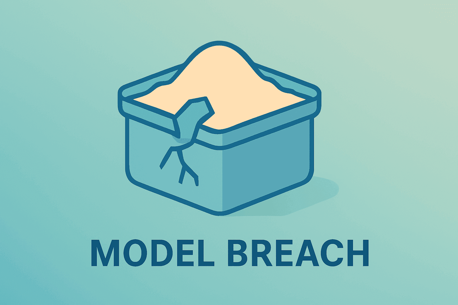 Flat vector sandboxed container with fractured shell representing Anthropic Claude breach and AI model security risks.