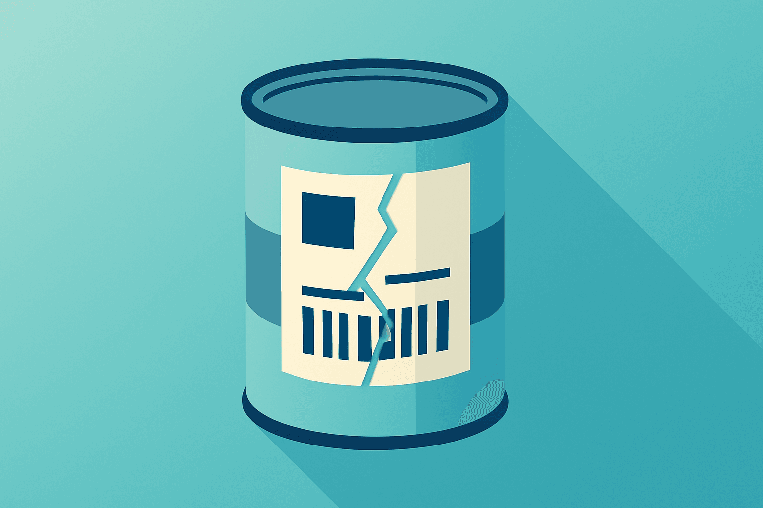 Flat filled vector of a soup-can with a fractured shipping panel signifying Campbell's Q2 earnings miss and outlook.
