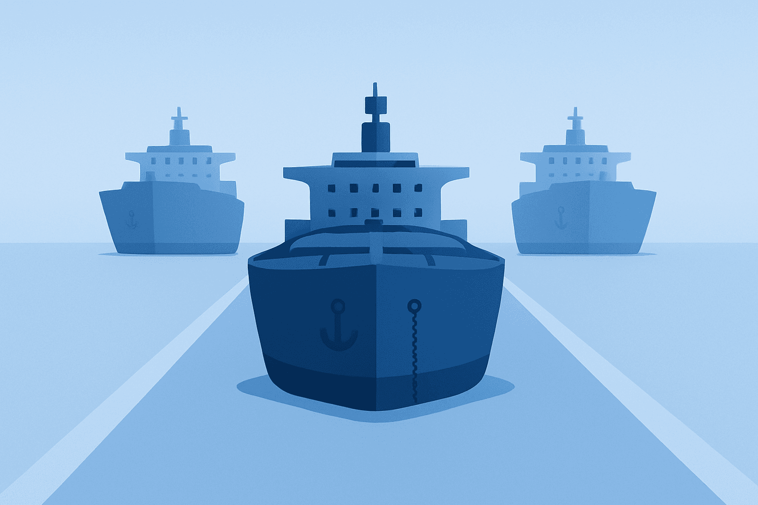 Flat filled vector of an oil tanker listing in a narrow shipping lane to illustrate oil prices surge and a $82 Brent spike.