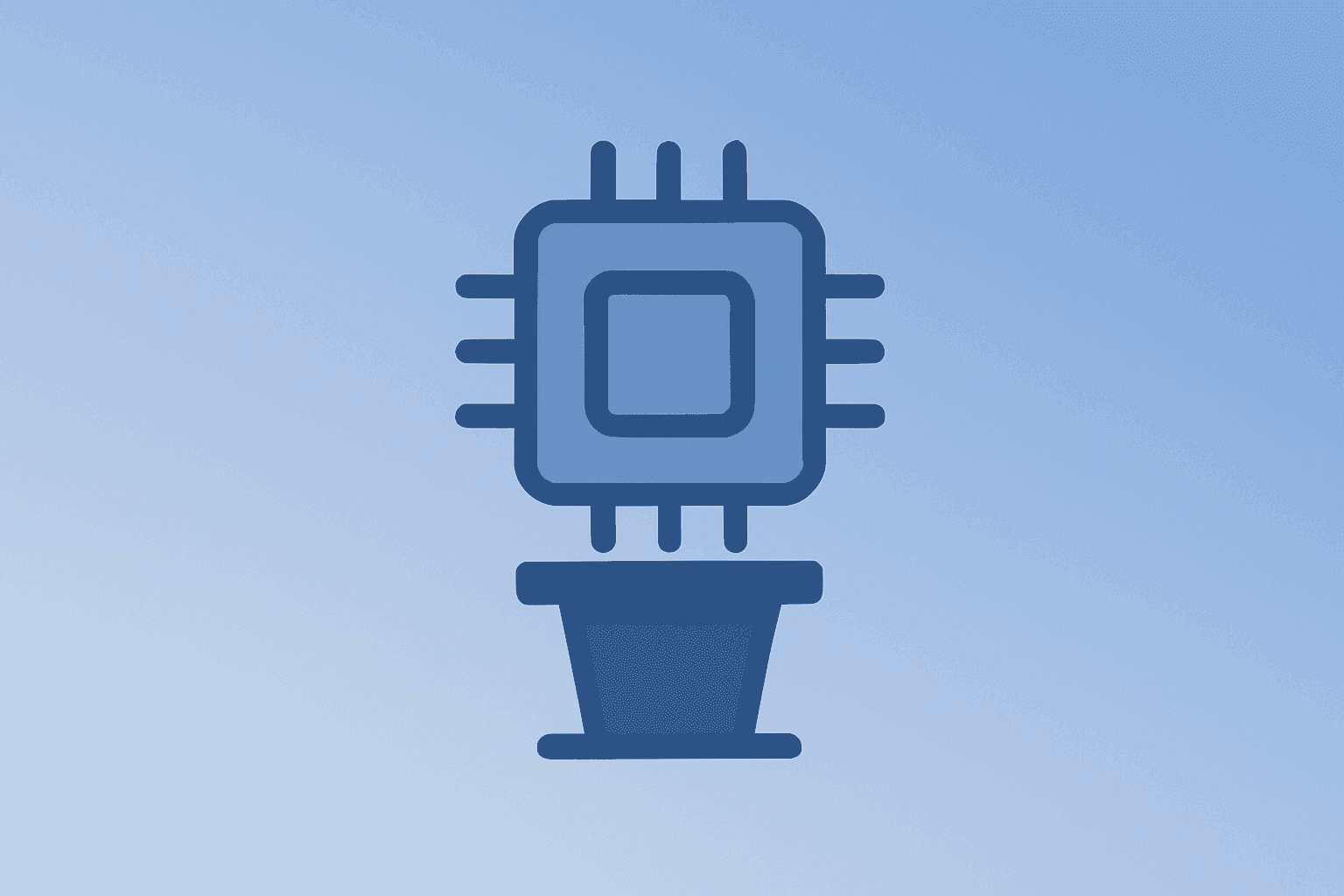 Centered flat vector of a silicon chip merging with a podium to symbolize Apple CEO succession and hardware-led AI focus.